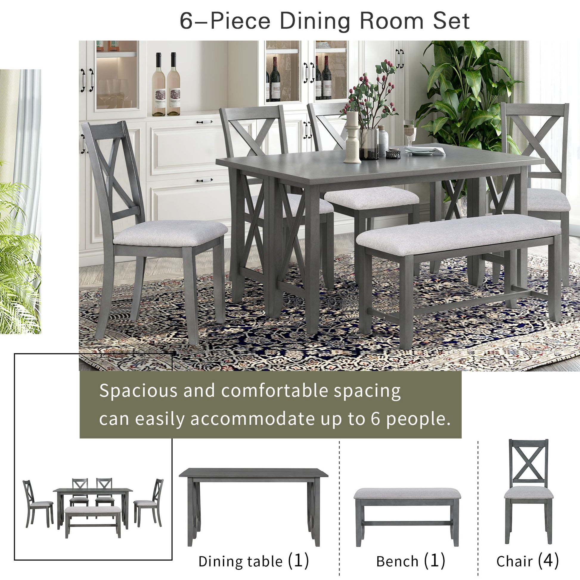 6 Piece Family Dining Room Set Solid Wood Space Saving Foldable Table And 4 Chairs With Bench For Dining Room Gray Gray Solid Wood