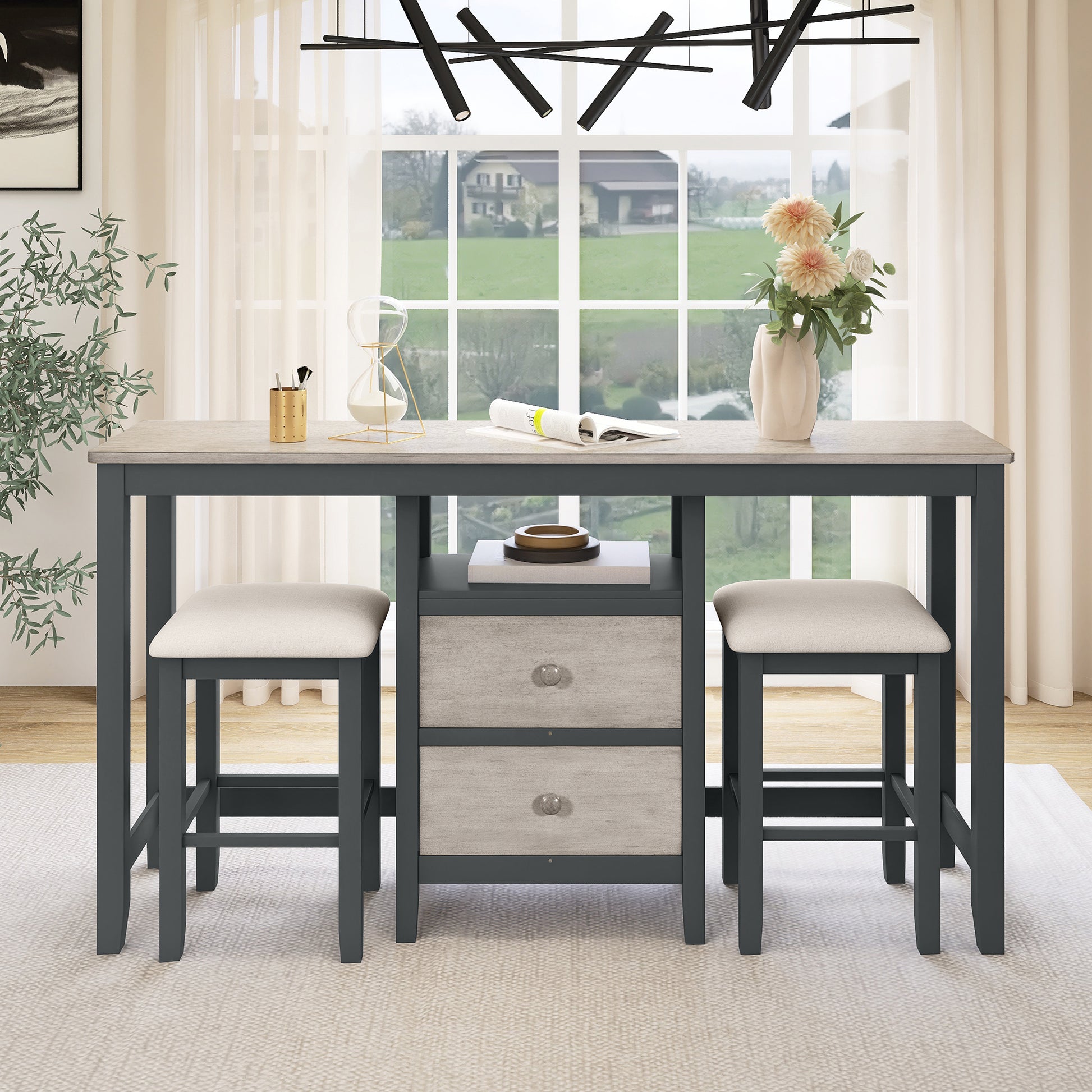 Farmhouse Rustic 3 Piece Counter Height Wood Dining Table Set With Cabinet,2 Storage Drawers And 2 Stools For Small Places, Gray And Distressed Light Gray Upholstered Chair Wood Gray Seats 2 Gray Wood Dining Room Farmhouse Rubberwood Rectangular Foam