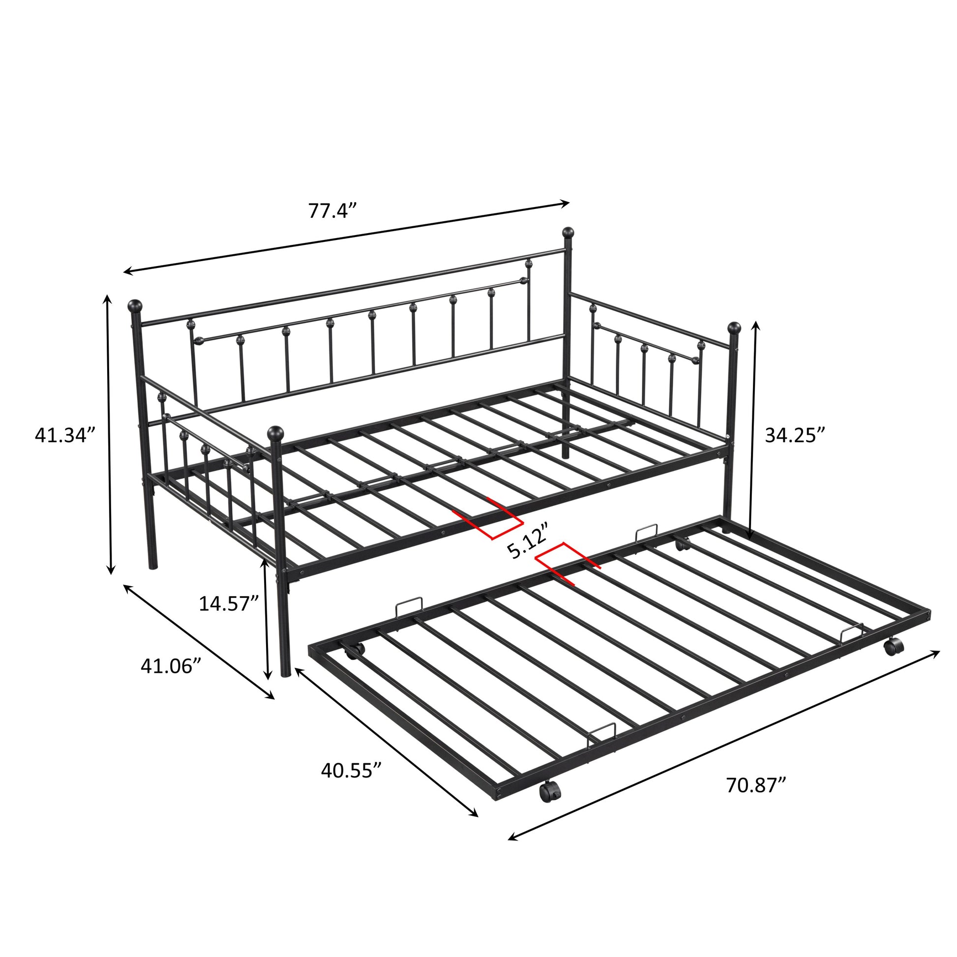 Metal Twin Daybed With Trundle Heavy Duty Sturdy Metal Noise Reduced Trundle For Flexible Space Vintage Style No Box Spring Needed Black Metal