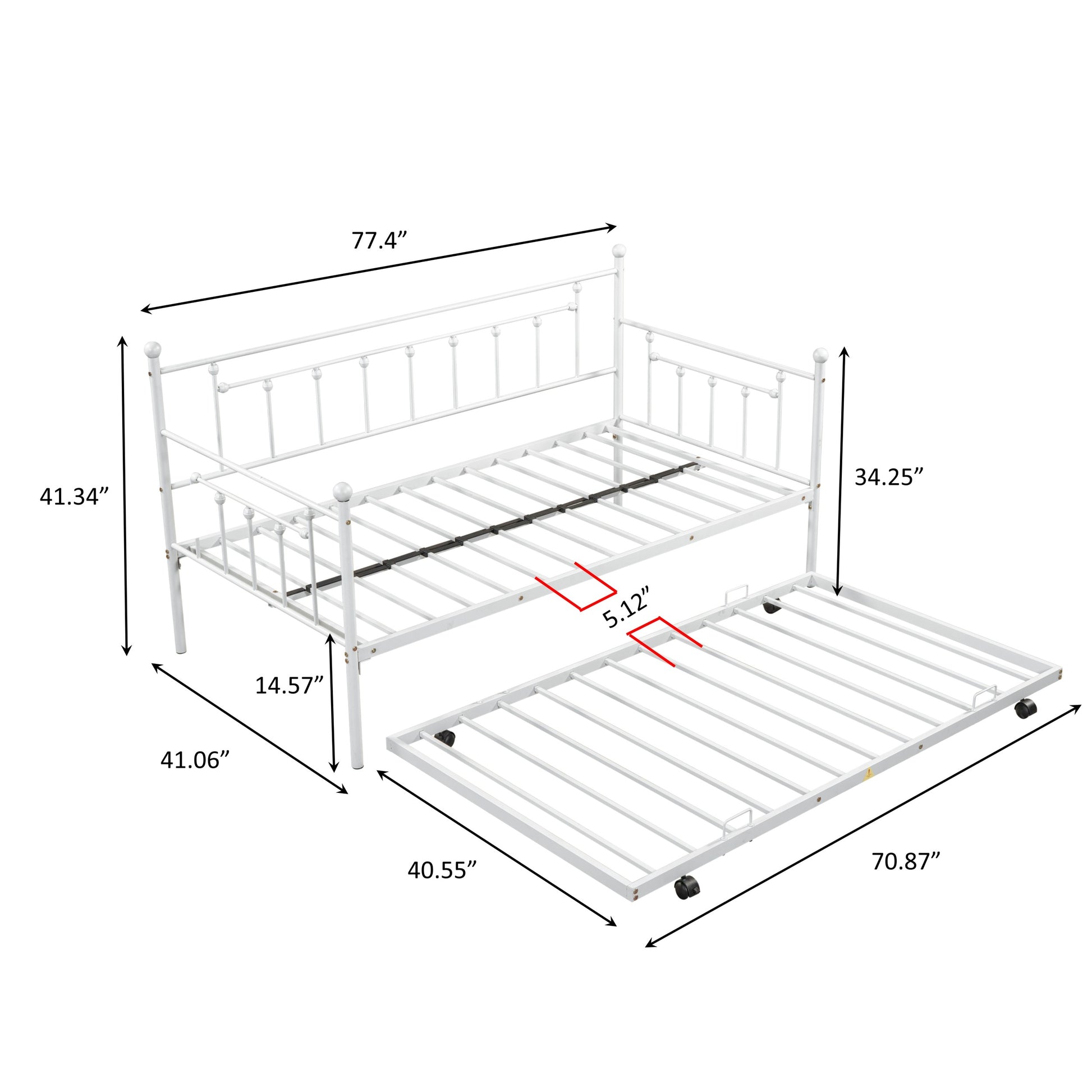 Metal Twin Daybed With Trundle Heavy Duty Sturdy Metal Noise Reduced Trundle For Flexible Space Vintage Style No Box Spring Needed Light Grey Metal