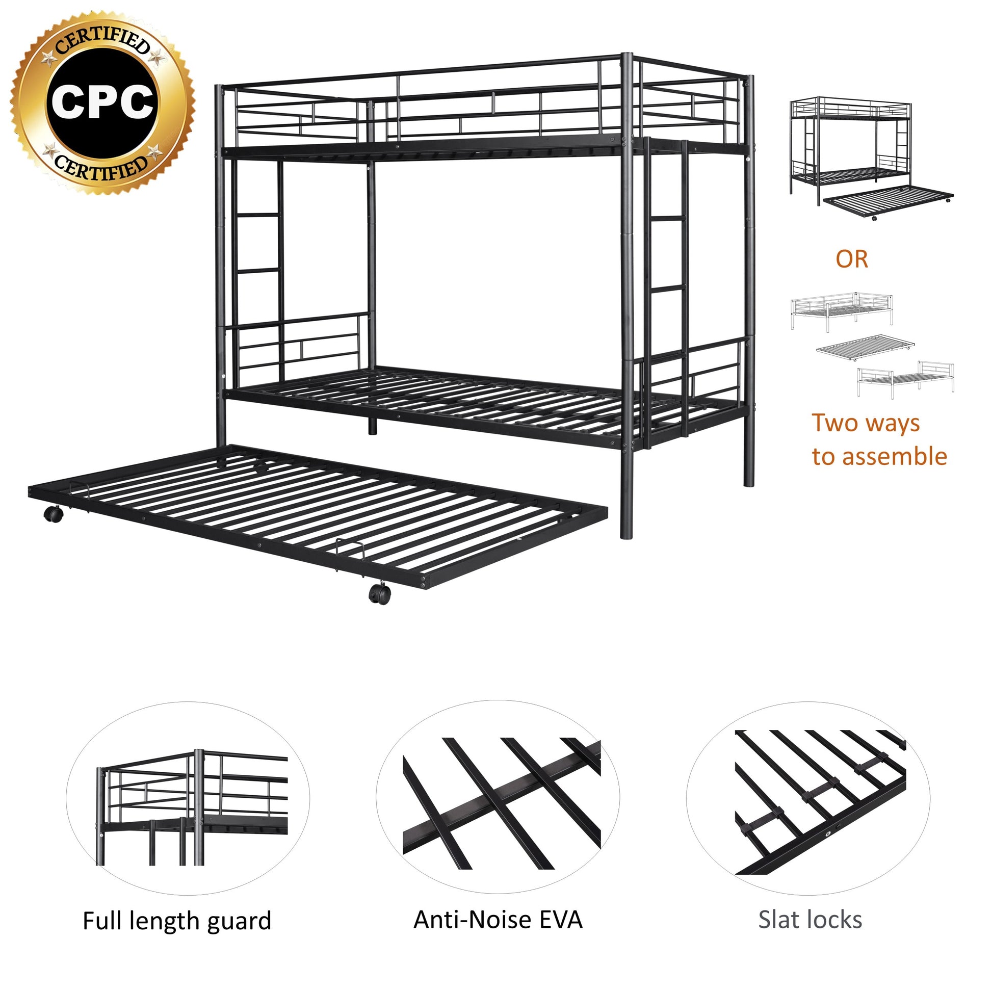 Metal Twin Over Twin Bunk Bed With Trundle Can Be Separated Into 2 Twin Beds Heavy Duty Sturdy Metal Noise Reduced Safety Guardrail Trundle For Flexible Space Bunk Bed For Three Cpc Certified Black Metal
