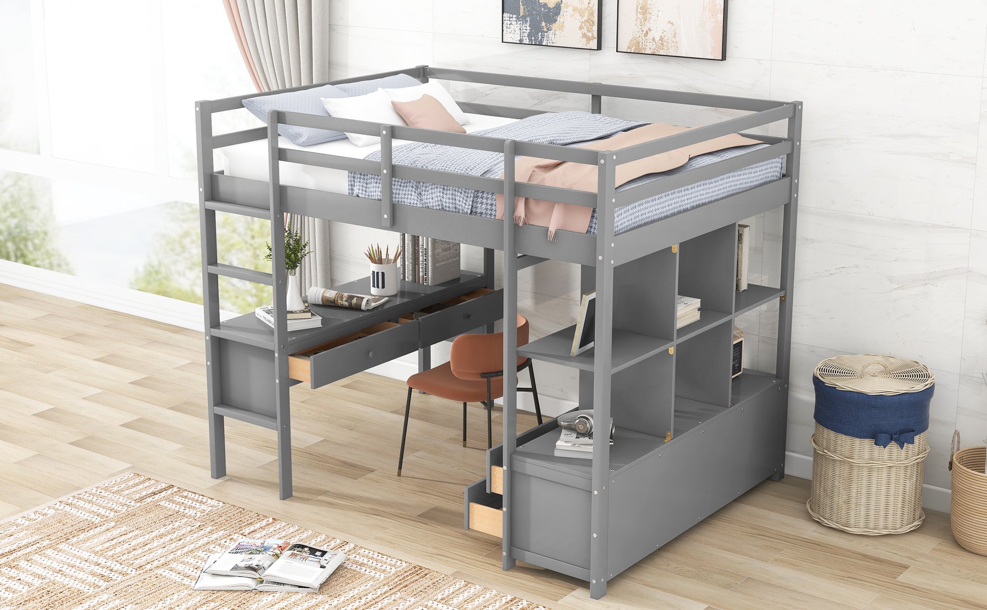 Full Size Loft Bed With Built In Desk With Two Drawers, And Storage Shelves And Drawers,Gray Old Sku: Gx000320Aae Box Spring Not Required Full Gray Wood Bedroom Pine