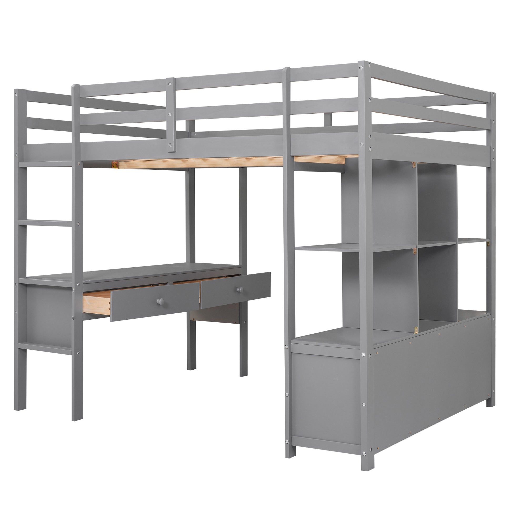 Full Size Loft Bed With Built In Desk With Two Drawers, And Storage Shelves And Drawers,Gray Old Sku: Gx000320Aae Box Spring Not Required Full Gray Wood Bedroom Pine