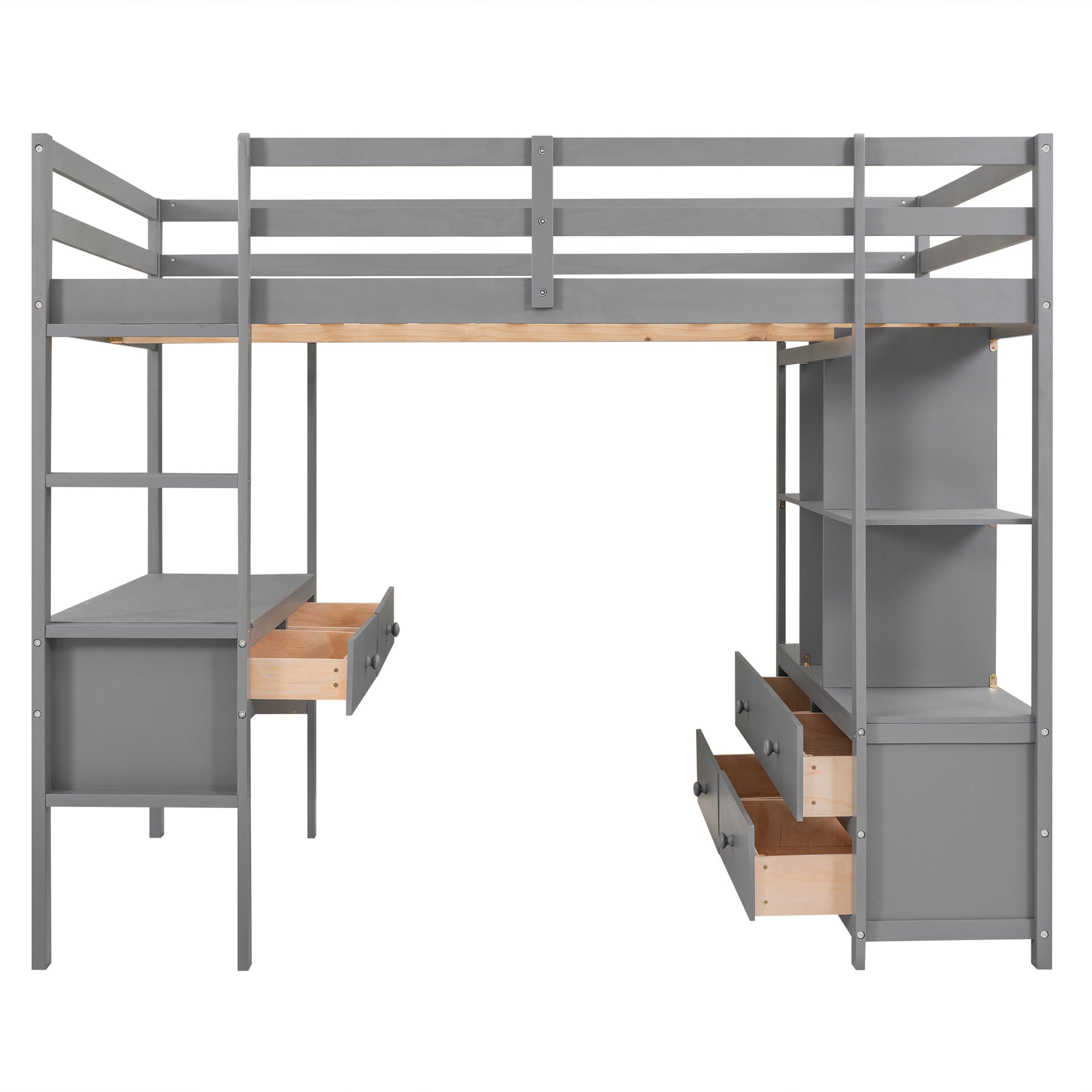 Full Size Loft Bed With Built In Desk With Two Drawers, And Storage Shelves And Drawers,Gray Old Sku: Gx000320Aae Box Spring Not Required Full Gray Wood Bedroom Pine