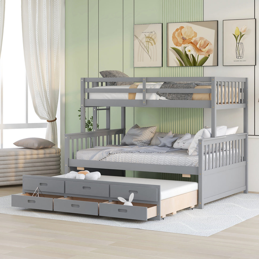 Twin Over Full Bunk Bed With Twin Size Trundleseparable Bunk Bed With Drawers For Bedroom Gray Gray Solid Wood