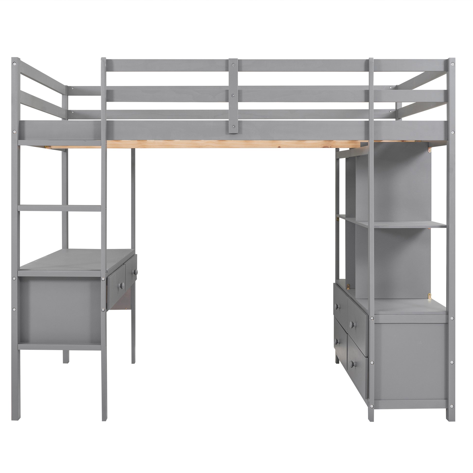 Full Size Loft Bed With Built In Desk With Two Drawers, And Storage Shelves And Drawers,Gray Old Sku: Gx000320Aae Box Spring Not Required Full Gray Wood Bedroom Pine