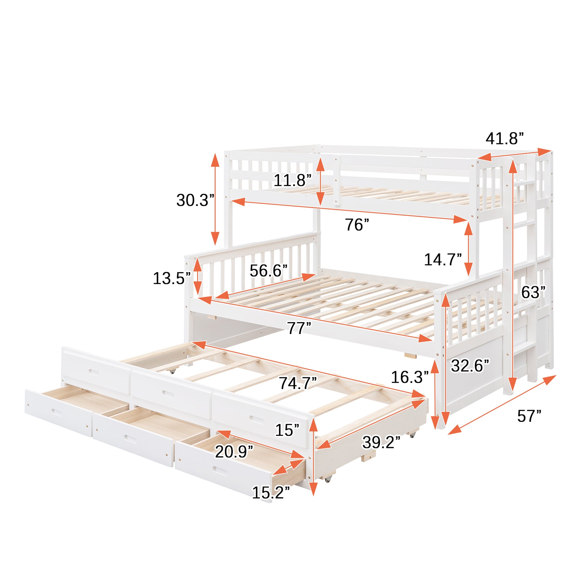 Twin Over Full Bunk Bed With Twin Size Trundleseparable Bunk Bed With Drawers For Bedroom White White Solid Wood