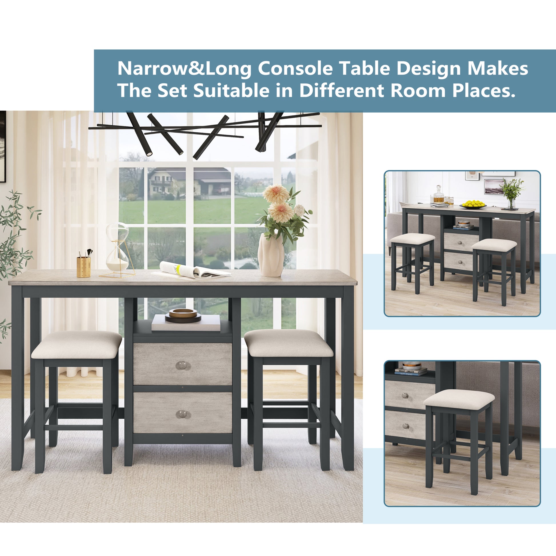 Farmhouse Rustic 3 Piece Counter Height Wood Dining Table Set With Cabinet,2 Storage Drawers And 2 Stools For Small Places, Gray And Distressed Light Gray Upholstered Chair Wood Gray Seats 2 Gray Wood Dining Room Farmhouse Rubberwood Rectangular Foam