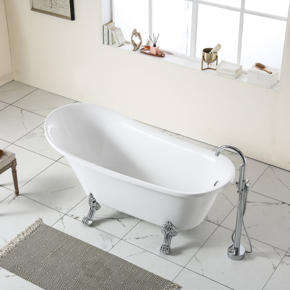 67"L X 31.5"W Acrylic Art Freestanding Alone White Soaking Bathtub With Brushed Nickel Overflow And Pop Up Drain White Acrylic