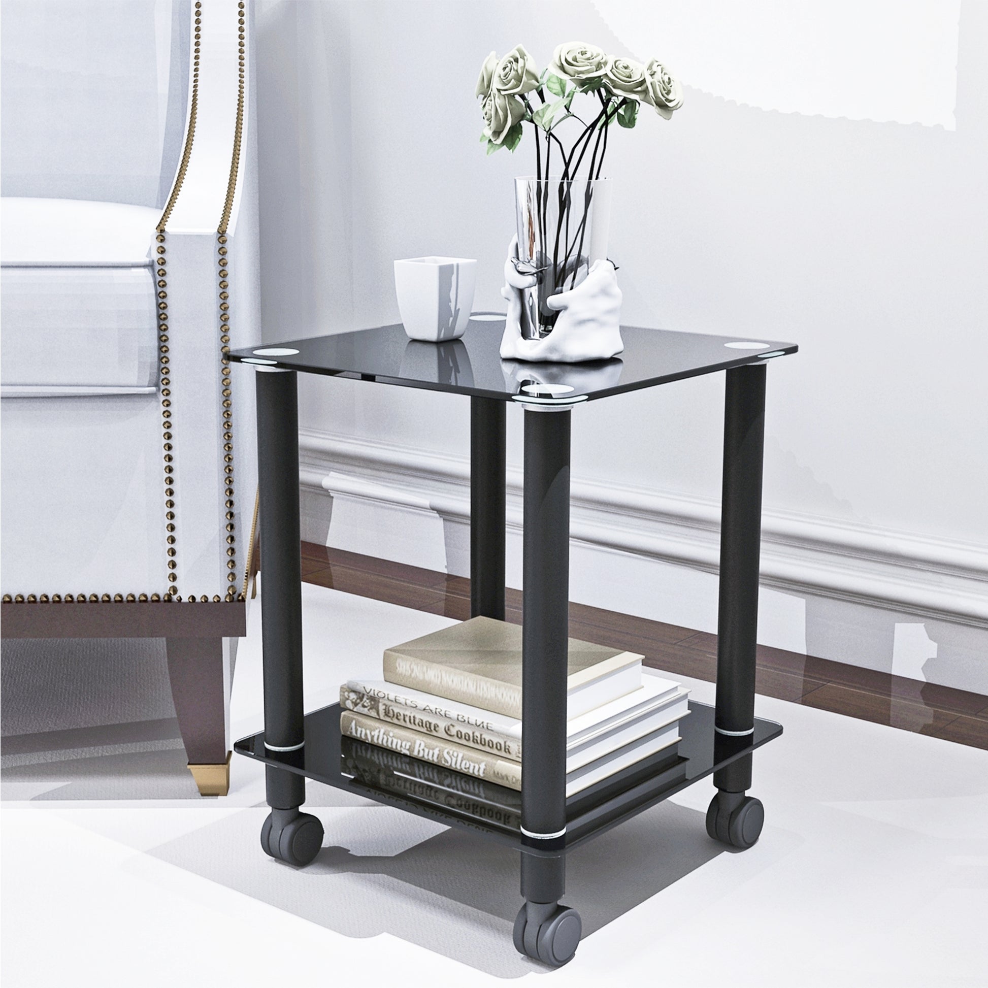 2 Piece Black Side Table2 Tier Space End Table ,Modern Night Stand, Sofa Table, Side Table With Storage Shelve Black Glass