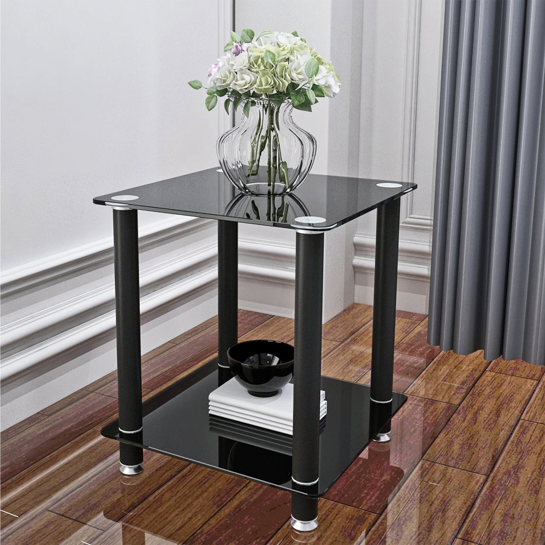 2 Piece Black Side Table2 Tier Space End Table ,Modern Night Stand, Sofa Table, Side Table With Storage Shelve Black Glass