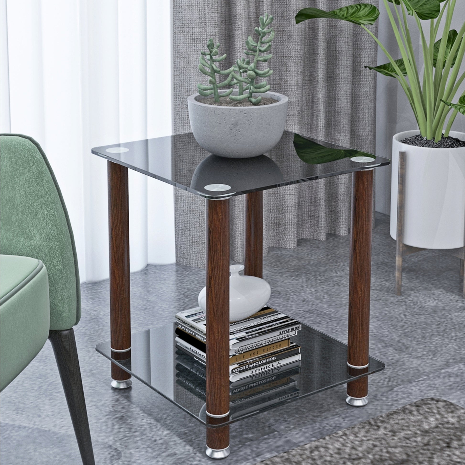 1 Piece Black Walnut Side Table2 Tier Space End Table ,Modern Night Stand, Sofa Table, Side Table With Storage Shelve Black Glass
