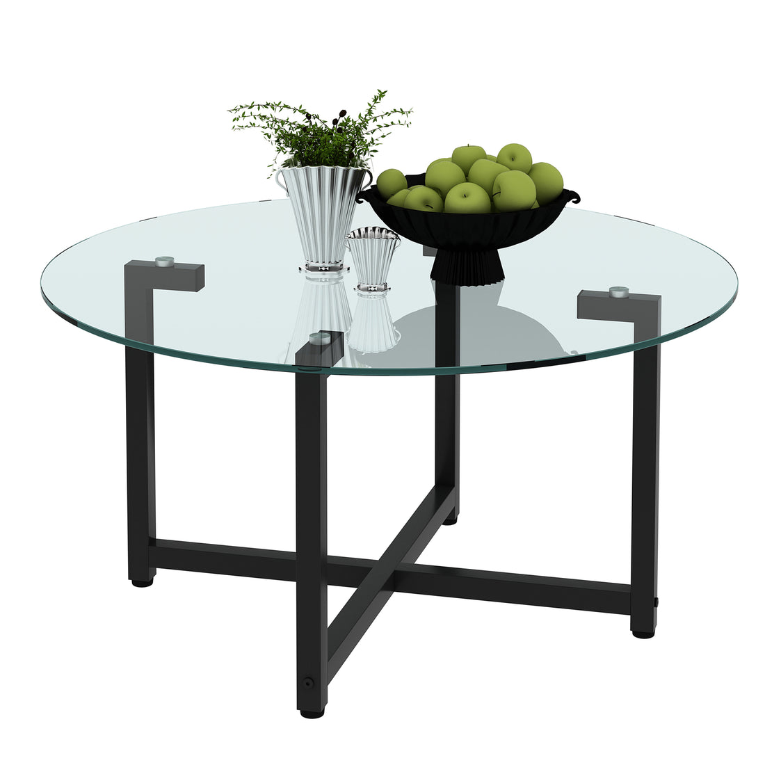 Round Transparent Glass Black Leg Coffee Table, Clear Coffee Table Modern Side Center Tables For Living Room Living Room Furniture Transparent Glass