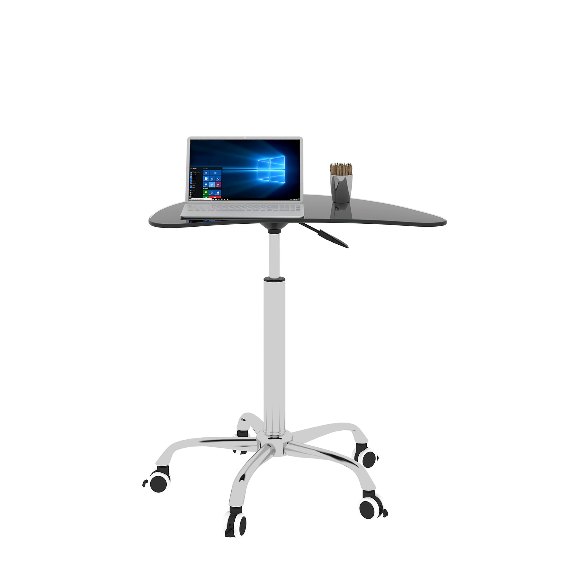 Adjustable Height Black Tempered Glass Table Desk Table With Lockable Wheels Adjustable Range 24.2 " 32.7 " Transparent Glass