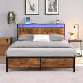 Industrial Queen Bed Frame With Led Lights And 2 Usb Ports, Bed Frame Queen Size With Storage, Noise Free, No Box Spring Needed, Rustic Brown Queen Antique Brown Metal & Wood