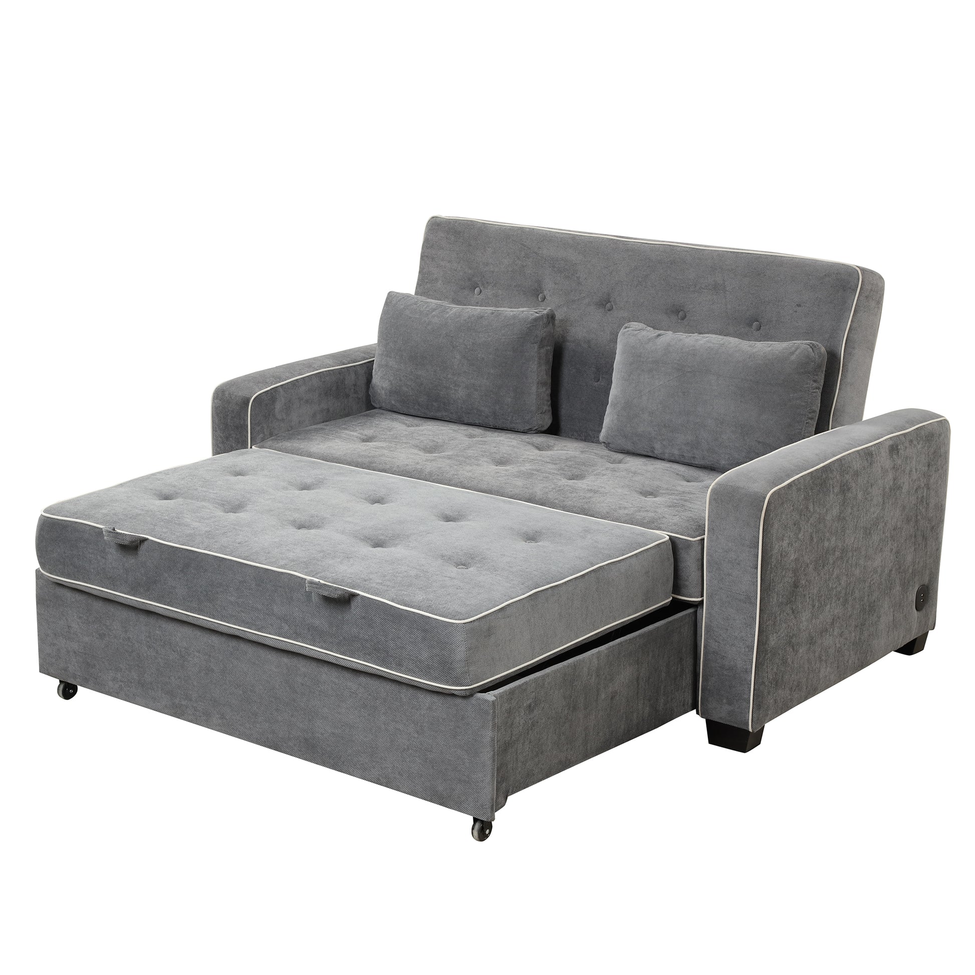 66.5" Linen Upholstered Sleeper Bed, Pull Out Sofa Bed Couch Attached Two Throw Pillows, Dual Usb Charging Port And Adjustable Backrest For Living Room Space, Charcoal Gray Charcoal Grey Foam Linen 2 Seat