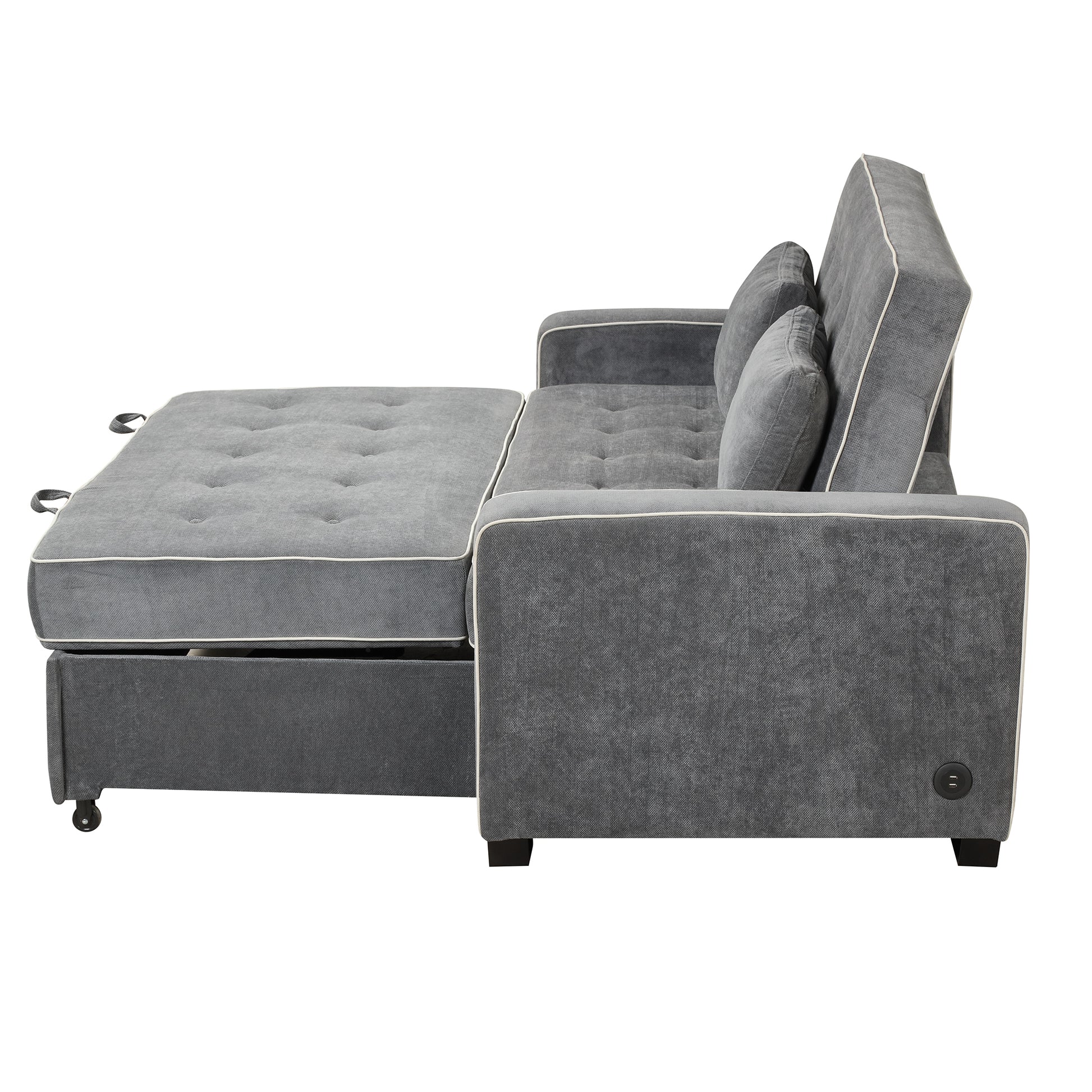 66.5" Linen Upholstered Sleeper Bed, Pull Out Sofa Bed Couch Attached Two Throw Pillows, Dual Usb Charging Port And Adjustable Backrest For Living Room Space, Charcoal Gray Charcoal Grey Foam Linen 2 Seat
