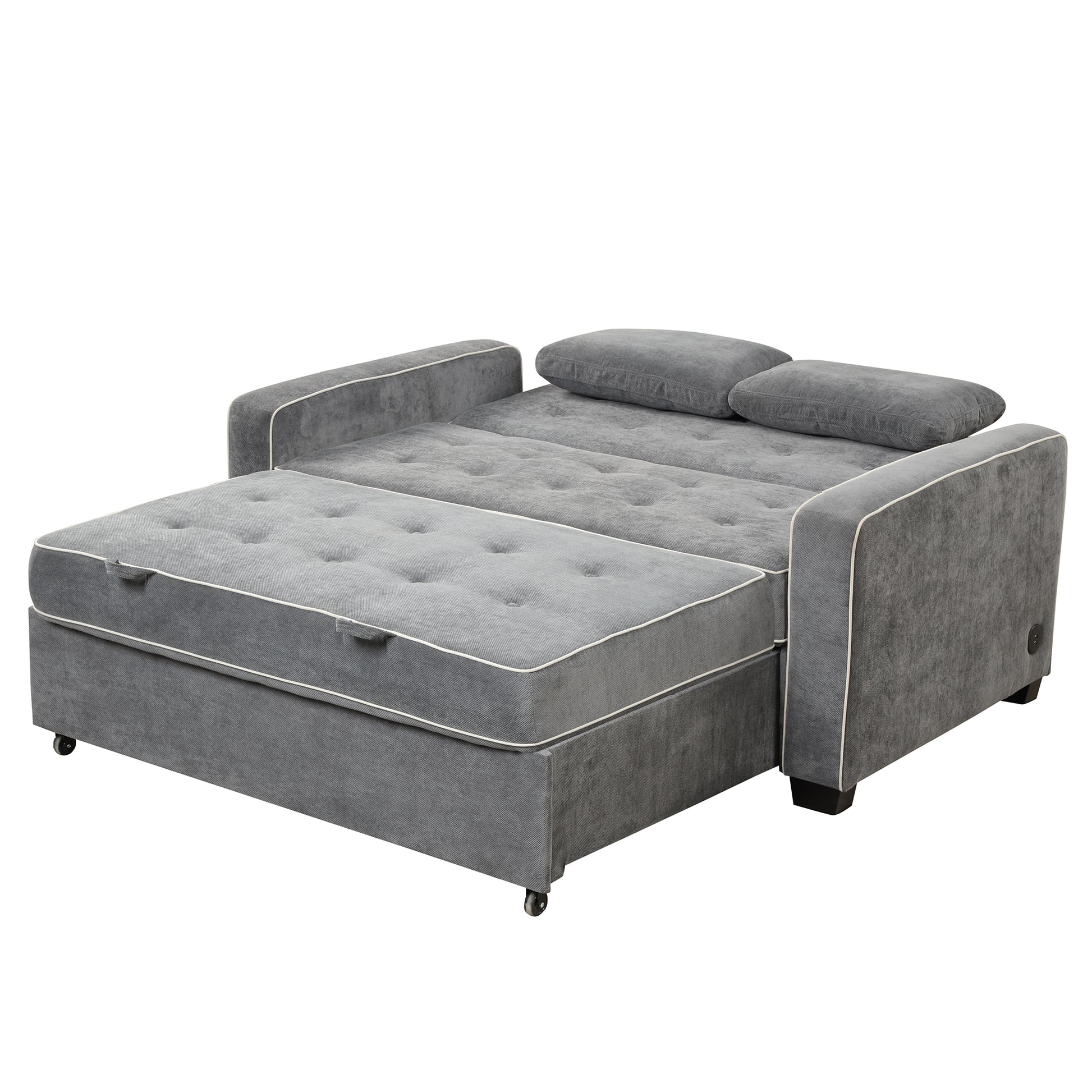 66.5" Linen Upholstered Sleeper Bed, Pull Out Sofa Bed Couch Attached Two Throw Pillows, Dual Usb Charging Port And Adjustable Backrest For Living Room Space, Charcoal Gray Charcoal Grey Foam Linen 2 Seat