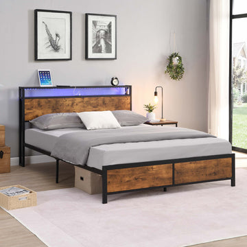 Industrial Queen Bed Frame With Led Lights And 2 Usb Ports, Bed Frame Queen Size With Storage, Noise Free, No Box Spring Needed, Rustic Brown Queen Antique Brown Metal & Wood
