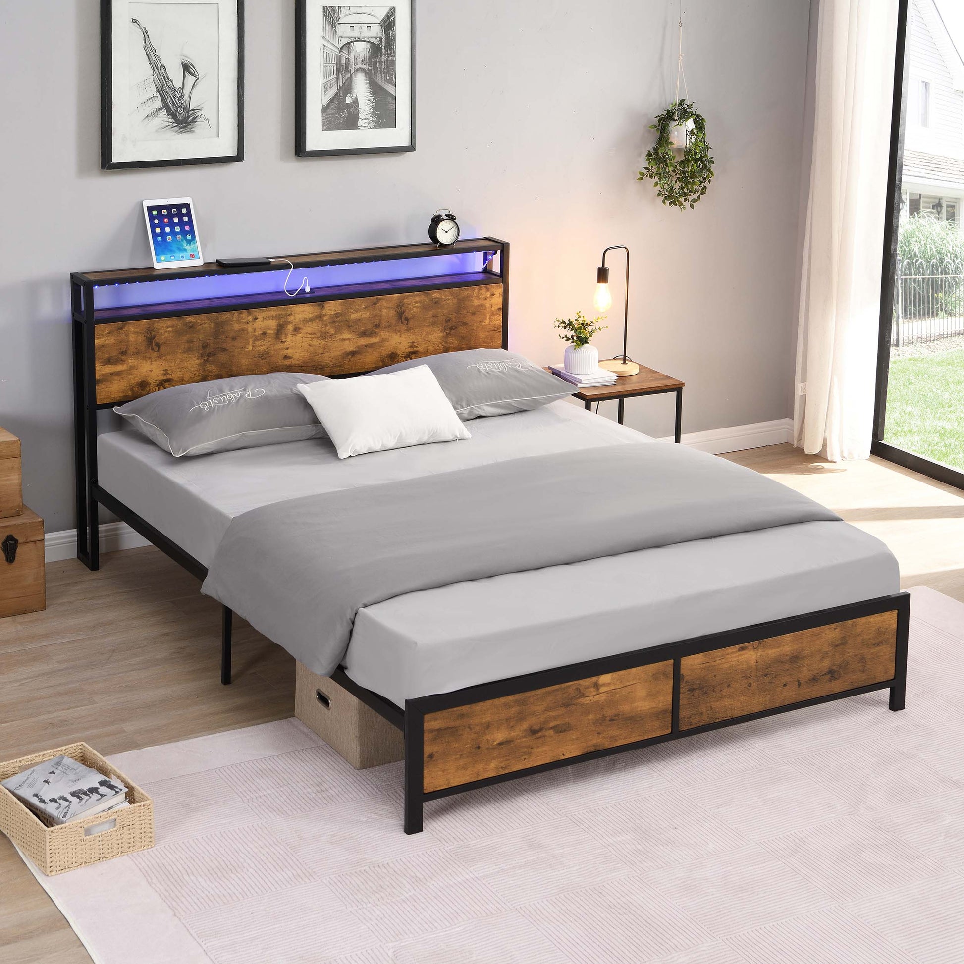 Industrial Queen Bed Frame With Led Lights And 2 Usb Ports, Bed Frame Queen Size With Storage, Noise Free, No Box Spring Needed, Rustic Brown Queen Antique Brown Metal & Wood