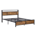 Industrial Queen Bed Frame With Led Lights And 2 Usb Ports, Bed Frame Queen Size With Storage, Noise Free, No Box Spring Needed, Rustic Brown Queen Antique Brown Metal & Wood