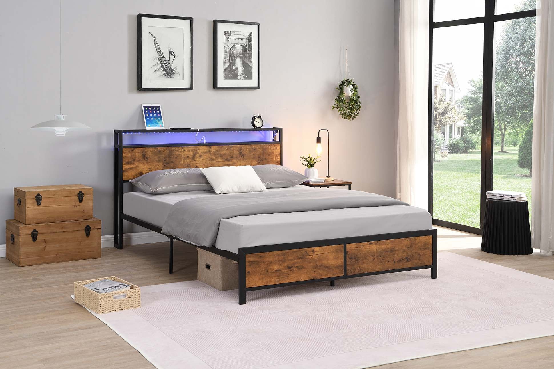 Industrial Queen Bed Frame With Led Lights And 2 Usb Ports, Bed Frame Queen Size With Storage, Noise Free, No Box Spring Needed, Rustic Brown Queen Antique Brown Metal & Wood