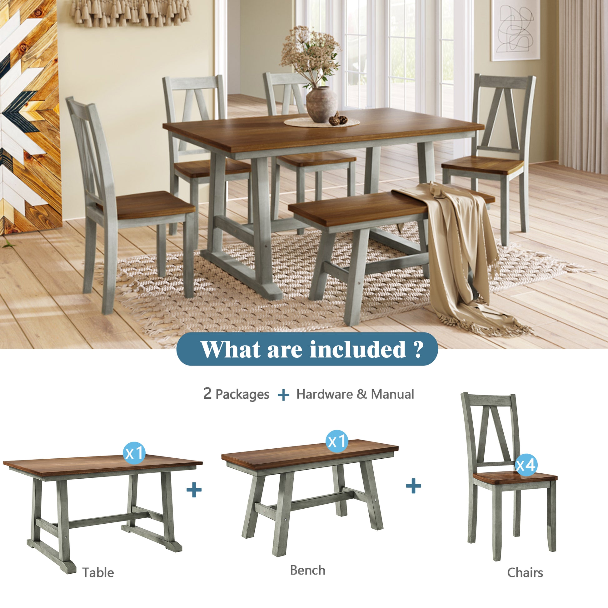 6 Piece Wood Dining Table Set Kitchen Table Set With Long Bench And 4 Dining Chairs, Farmhouse Style, Walnut Gray Gray Wood Dining Room Bench Seating Rubberwood Rectangular Dining Table With Chair And Bench Wood Wood Gray Solid Back Seats 6 60 Inches