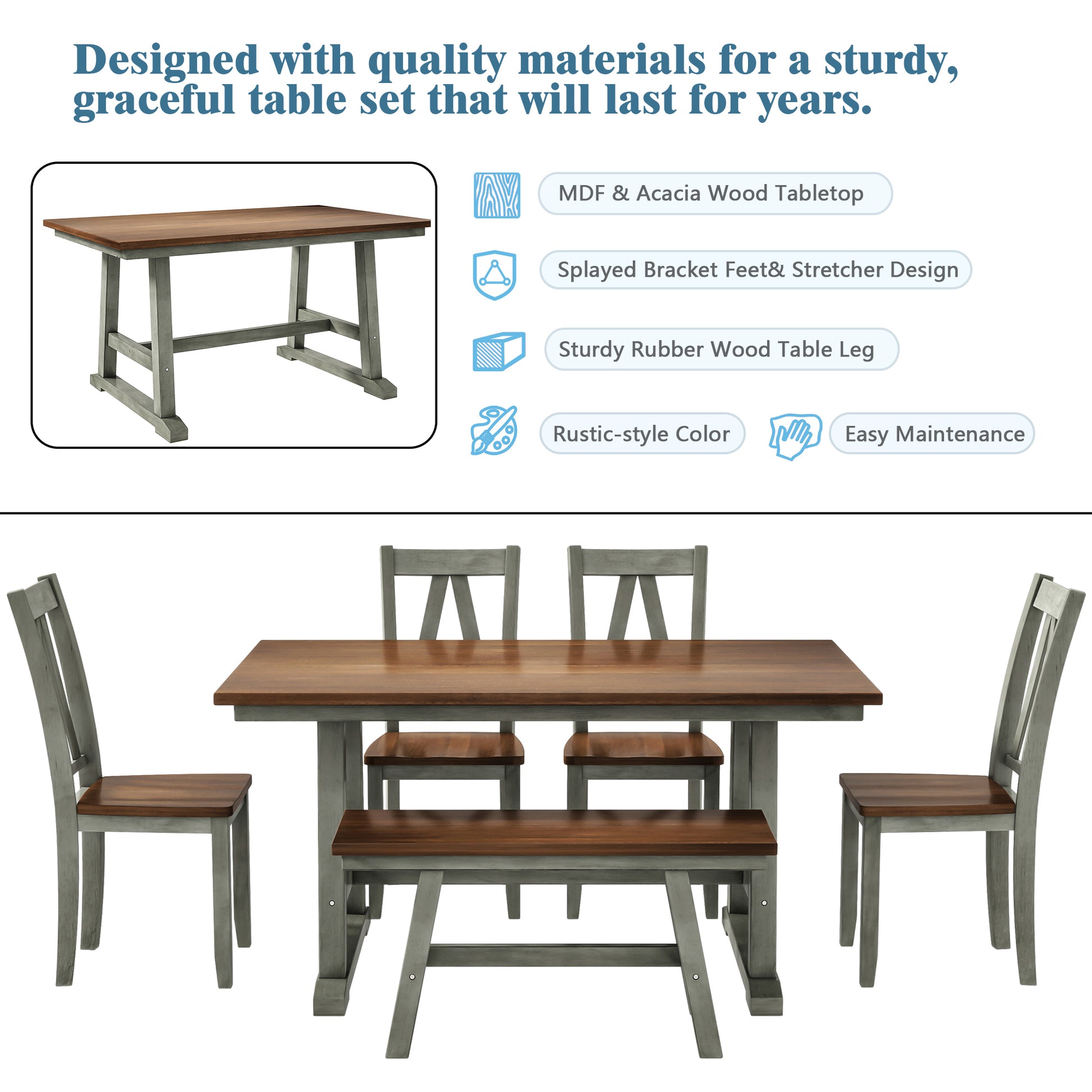 6 Piece Wood Dining Table Set Kitchen Table Set With Long Bench And 4 Dining Chairs, Farmhouse Style, Walnut Gray Gray Wood Dining Room Bench Seating Rubberwood Rectangular Dining Table With Chair And Bench Wood Wood Gray Solid Back Seats 6 60 Inches