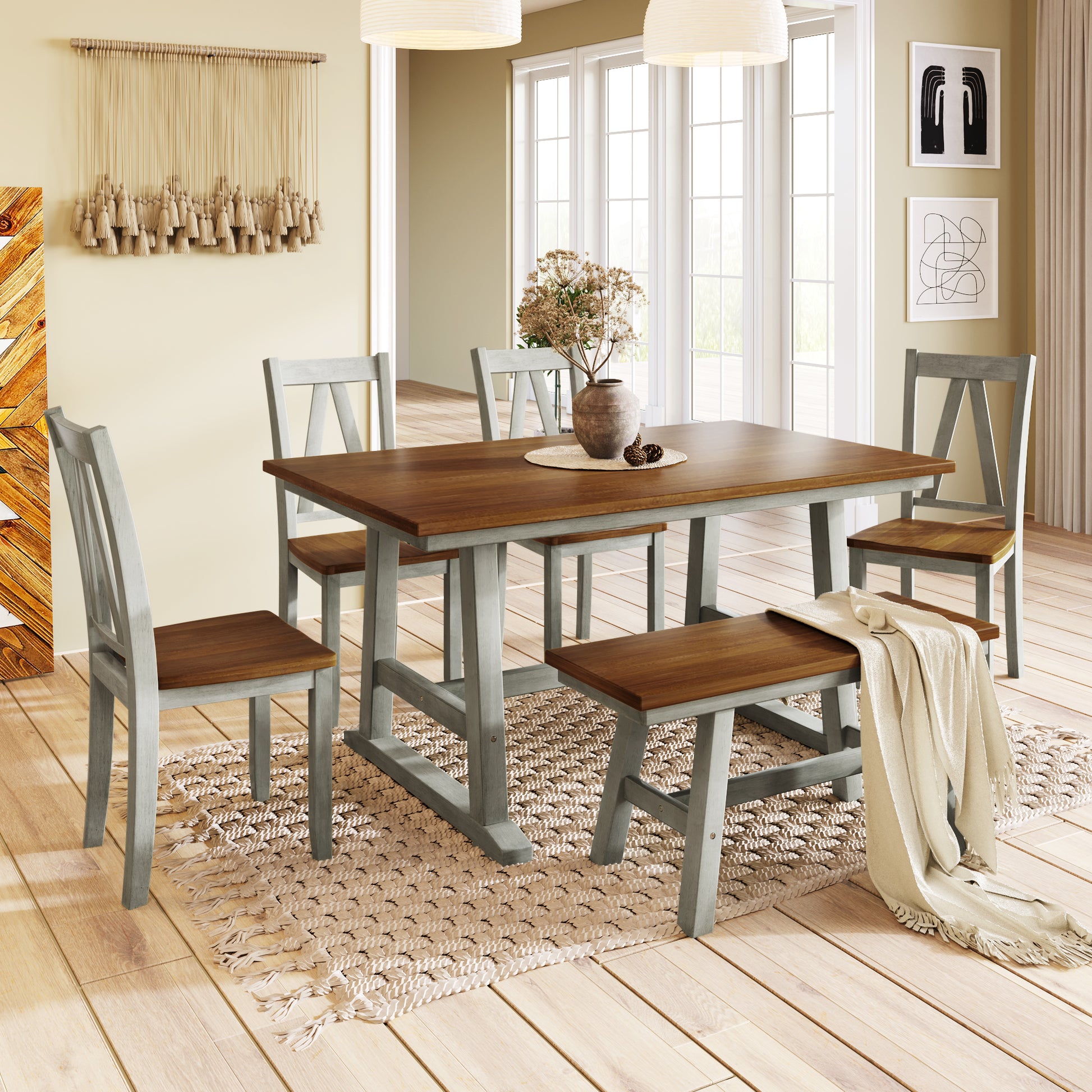 6 Piece Wood Dining Table Set Kitchen Table Set With Long Bench And 4 Dining Chairs, Farmhouse Style, Walnut Gray Gray Wood Dining Room Bench Seating Rubberwood Rectangular Dining Table With Chair And Bench Wood Wood Gray Solid Back Seats 6 60 Inches