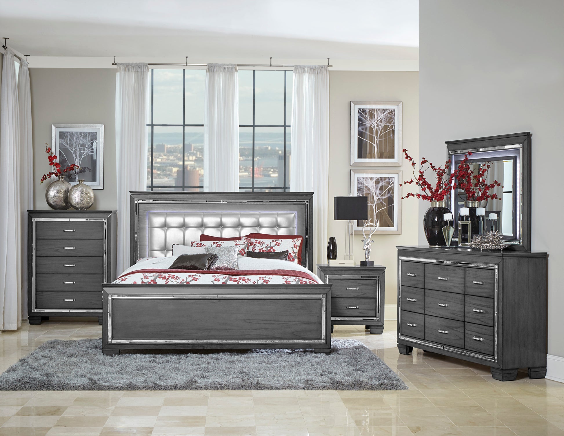 Glamourous Style 1Pc Queen Bed Button Tufted Upholstered Led Headboard Gray Finish Modern Beautiful Bedroom Furniture Queen Gray Bedroom Glam,Modern Wood