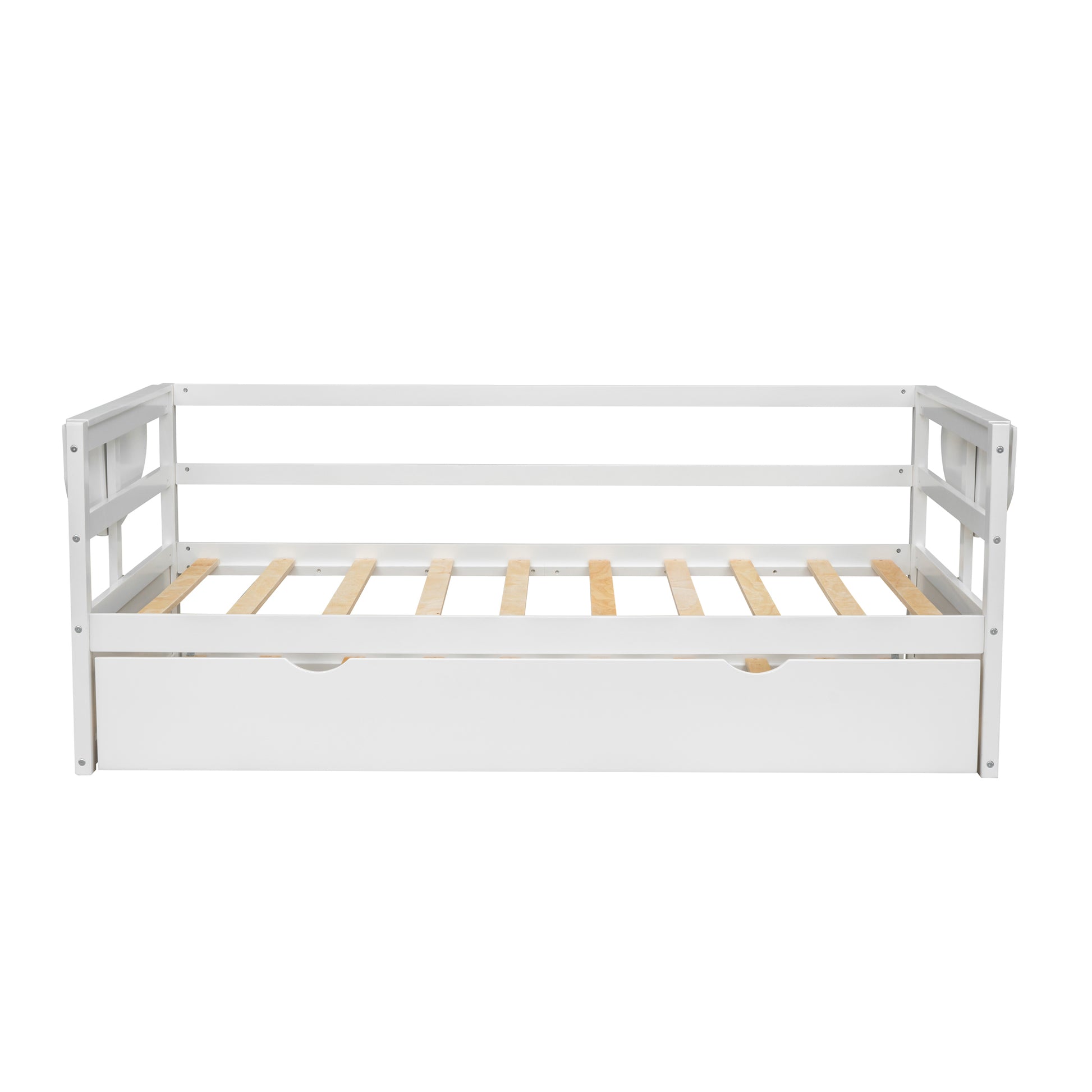 Twin Size Daybed With Trundle And Foldable Shelves On Both Sides,White White Pine