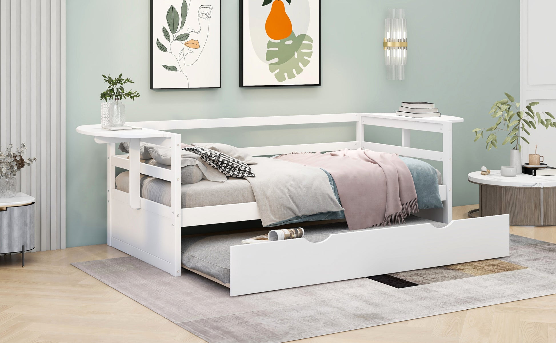 Twin Size Daybed With Trundle And Foldable Shelves On Both Sides,White White Pine