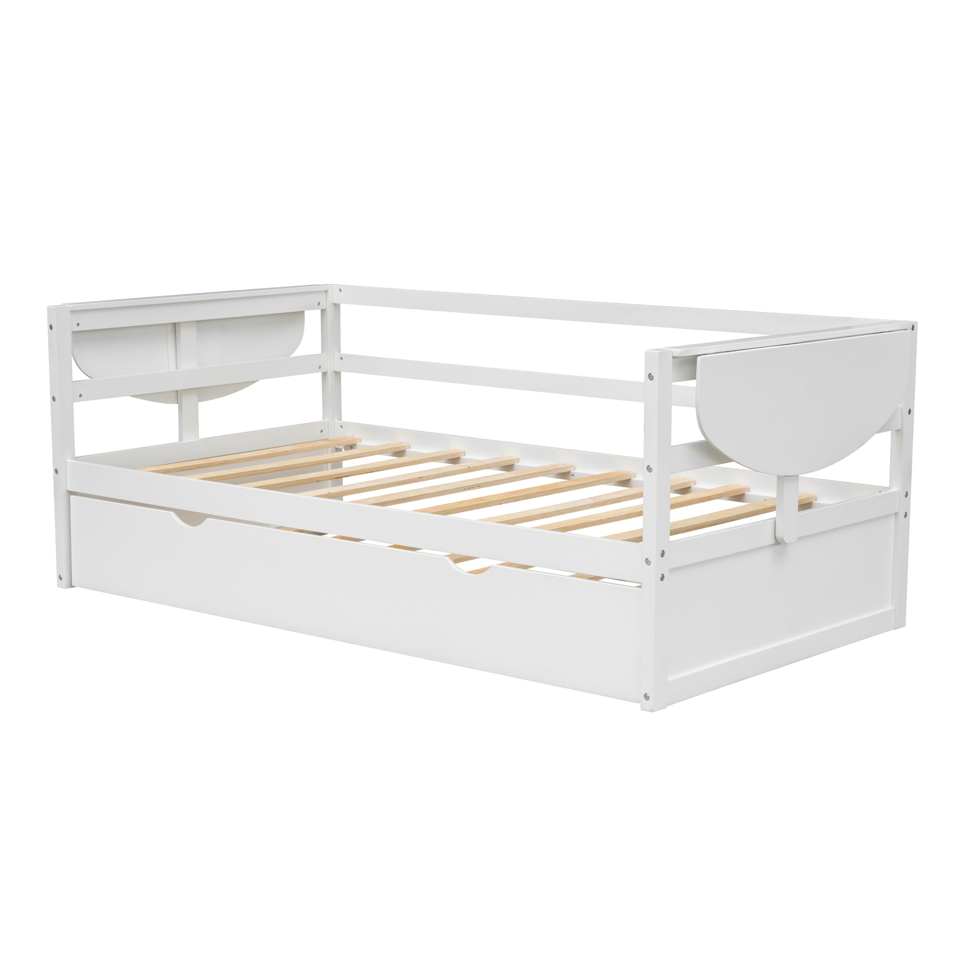 Twin Size Daybed With Trundle And Foldable Shelves On Both Sides,White White Pine