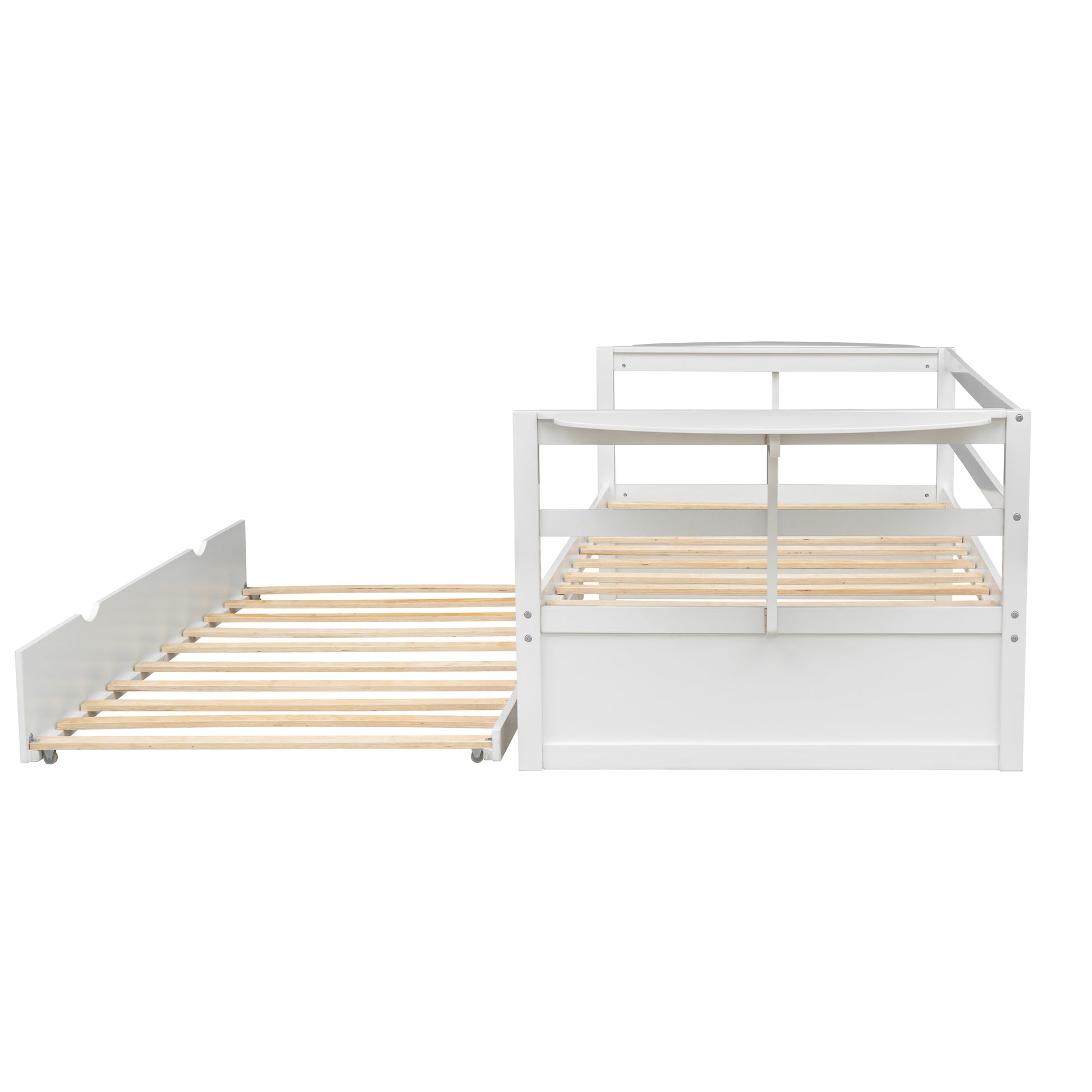 Twin Size Daybed With Trundle And Foldable Shelves On Both Sides,White White Pine