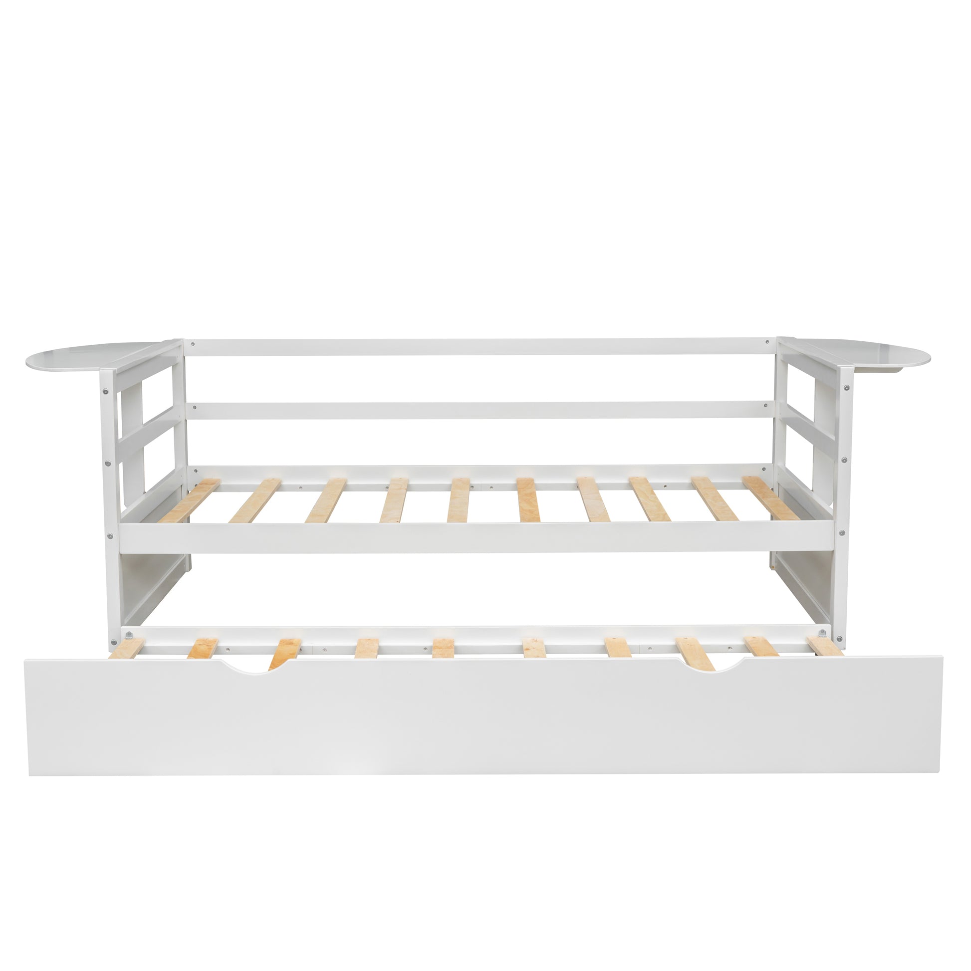 Twin Size Daybed With Trundle And Foldable Shelves On Both Sides,White White Pine