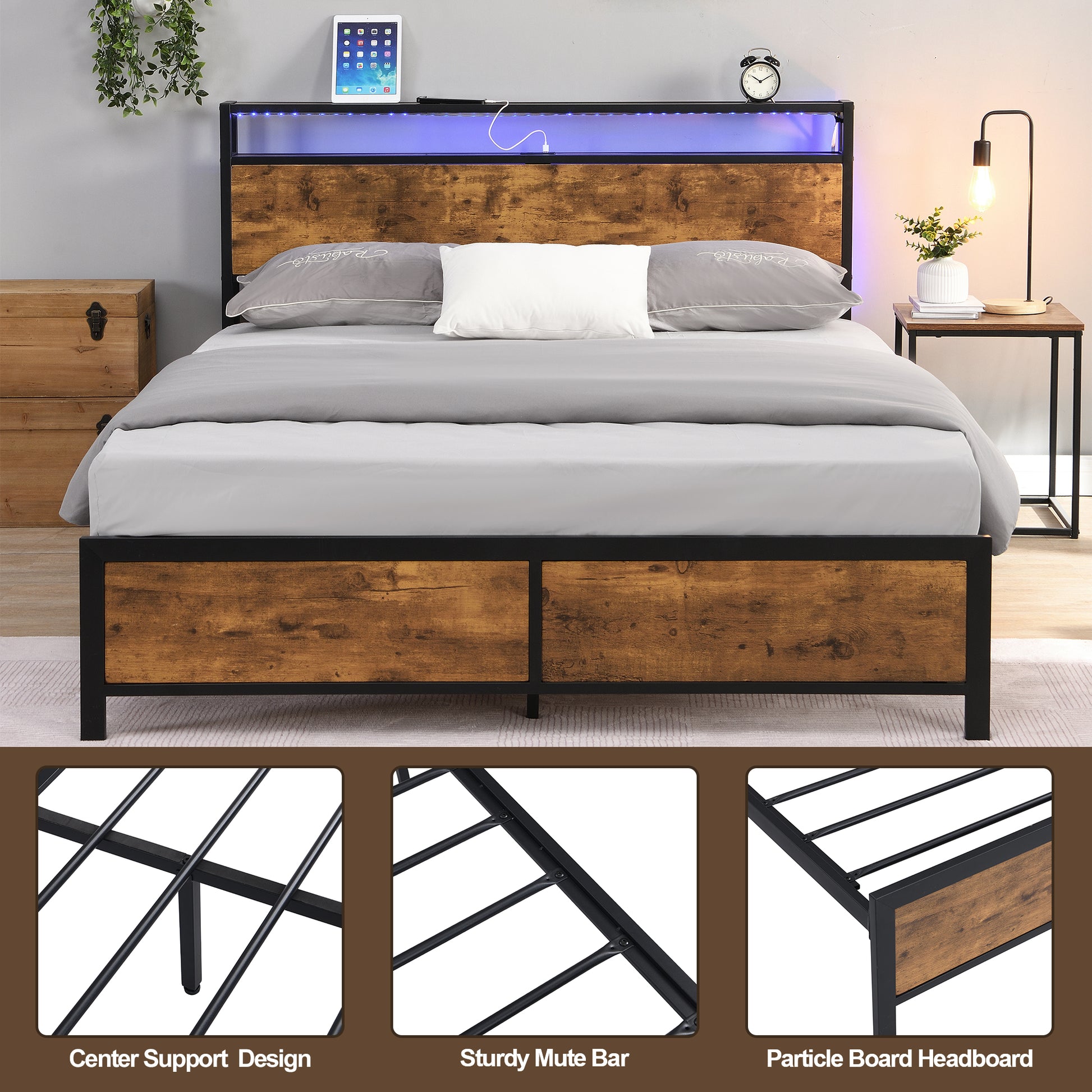 Industrial Queen Bed Frame With Led Lights And 2 Usb Ports, Bed Frame Queen Size With Storage, Noise Free, No Box Spring Needed, Rustic Brown Queen Antique Brown Metal & Wood