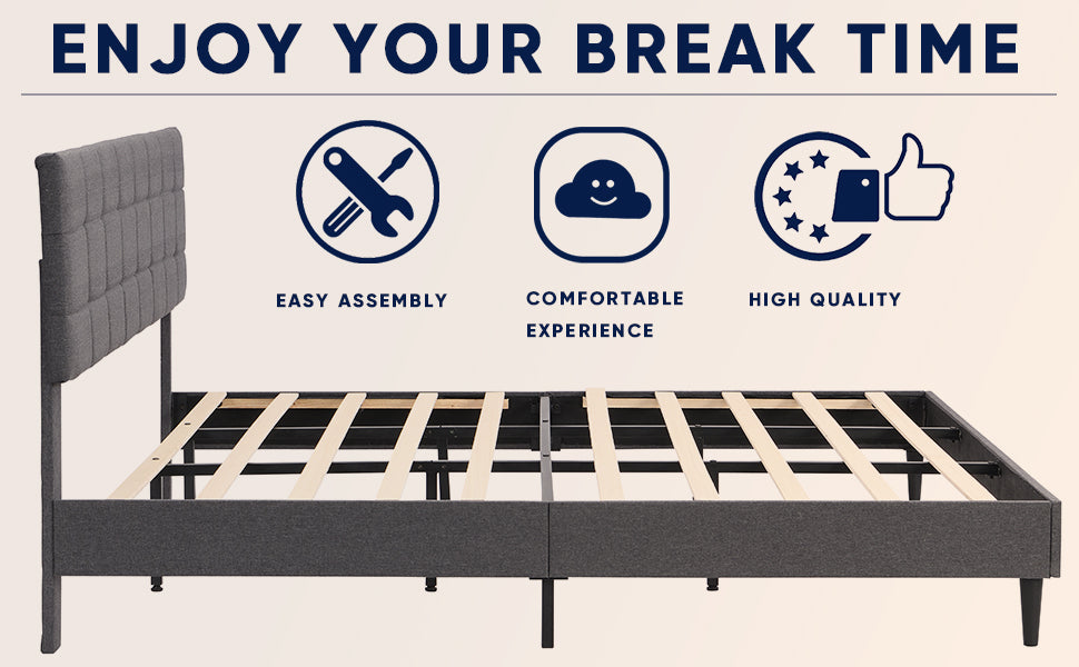 King Size Platform Bed Frame With Fabric Upholstered Headboard And Wooden Slats, No Box Spring Needed Easy Assembly, Dark Grey Grey Metal & Wood