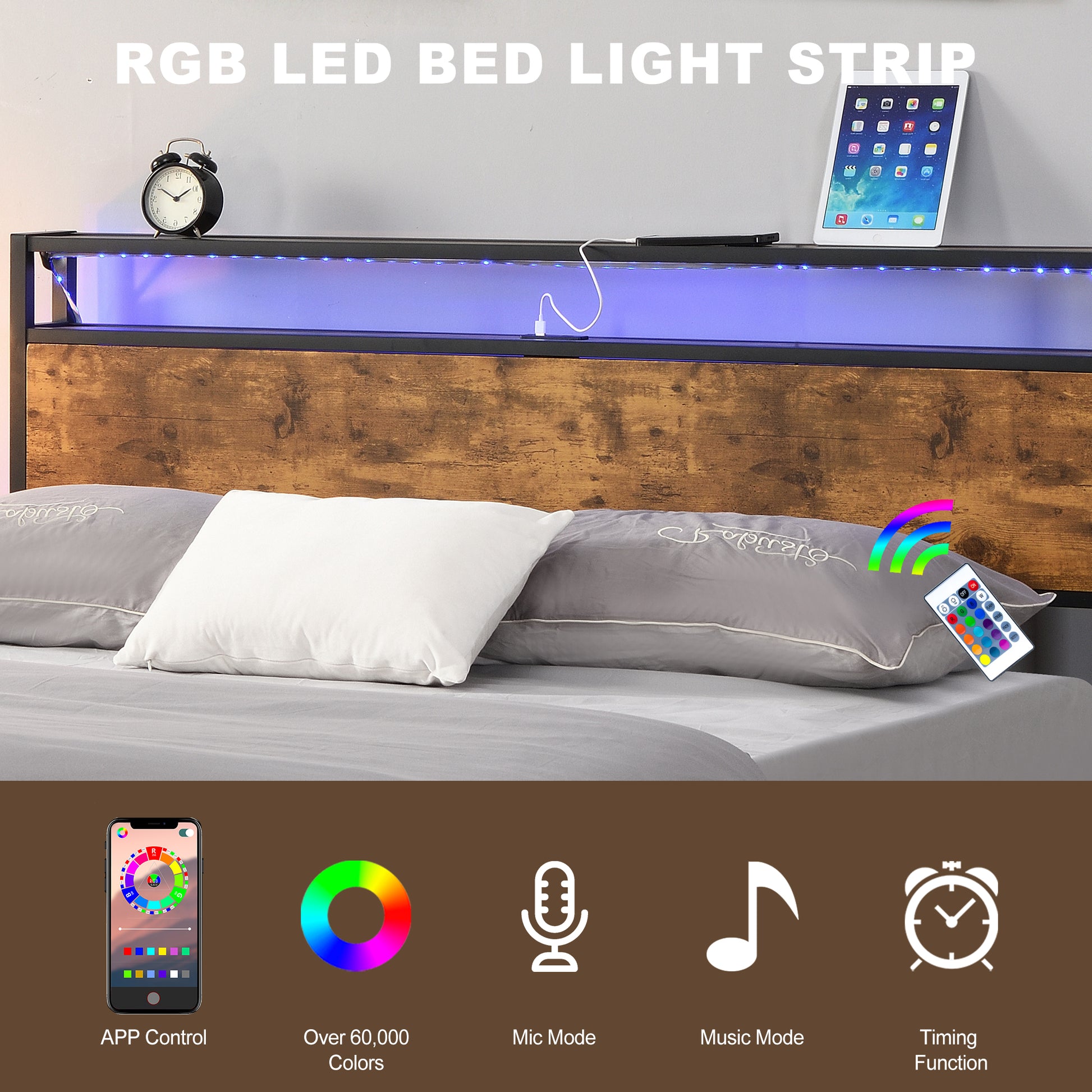 Industrial Queen Bed Frame With Led Lights And 2 Usb Ports, Bed Frame Queen Size With Storage, Noise Free, No Box Spring Needed, Rustic Brown Queen Antique Brown Metal & Wood
