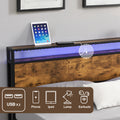Industrial Queen Bed Frame With Led Lights And 2 Usb Ports, Bed Frame Queen Size With Storage, Noise Free, No Box Spring Needed, Rustic Brown Queen Antique Brown Metal & Wood