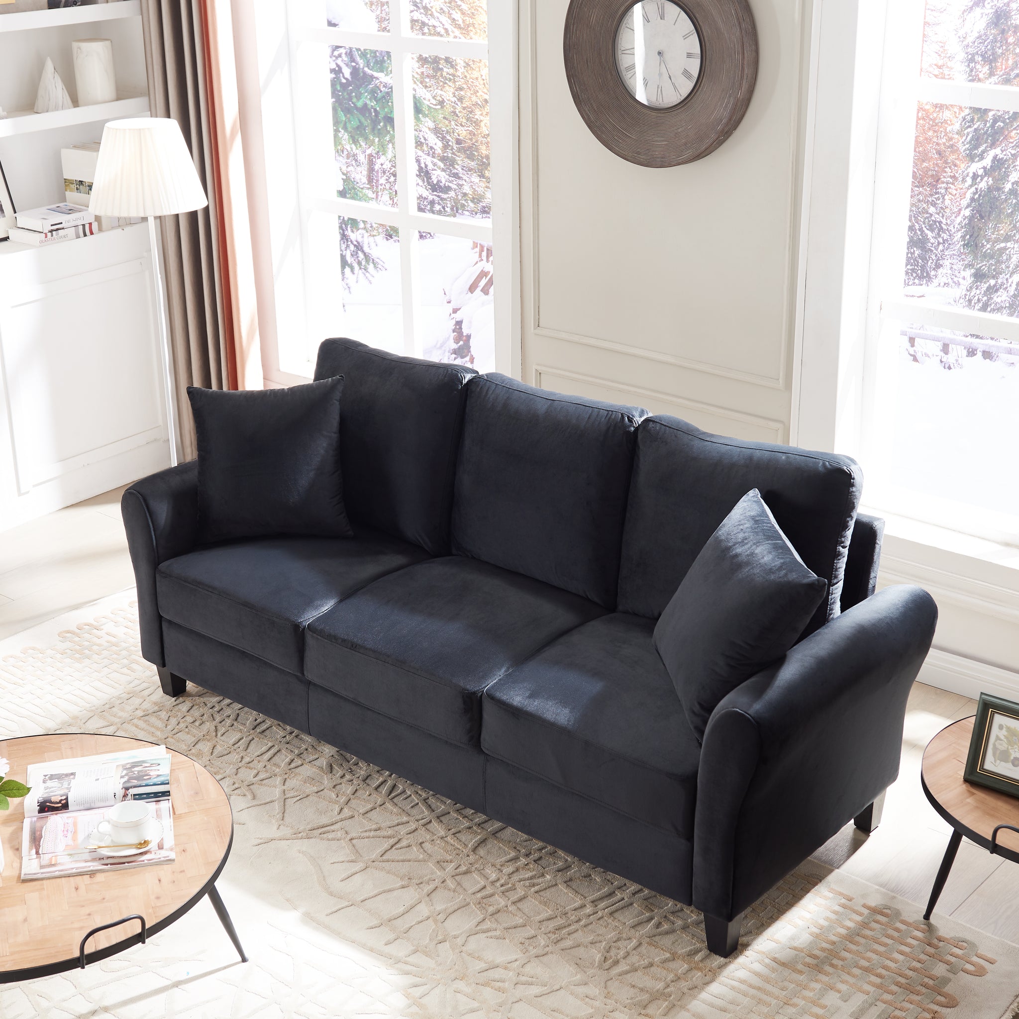 Video Modern Velvet Couch With 2 Pillow, 78 Inch Width Living Room Furniture, 3 Seater Sofa With Plastic Legs Black Velvet