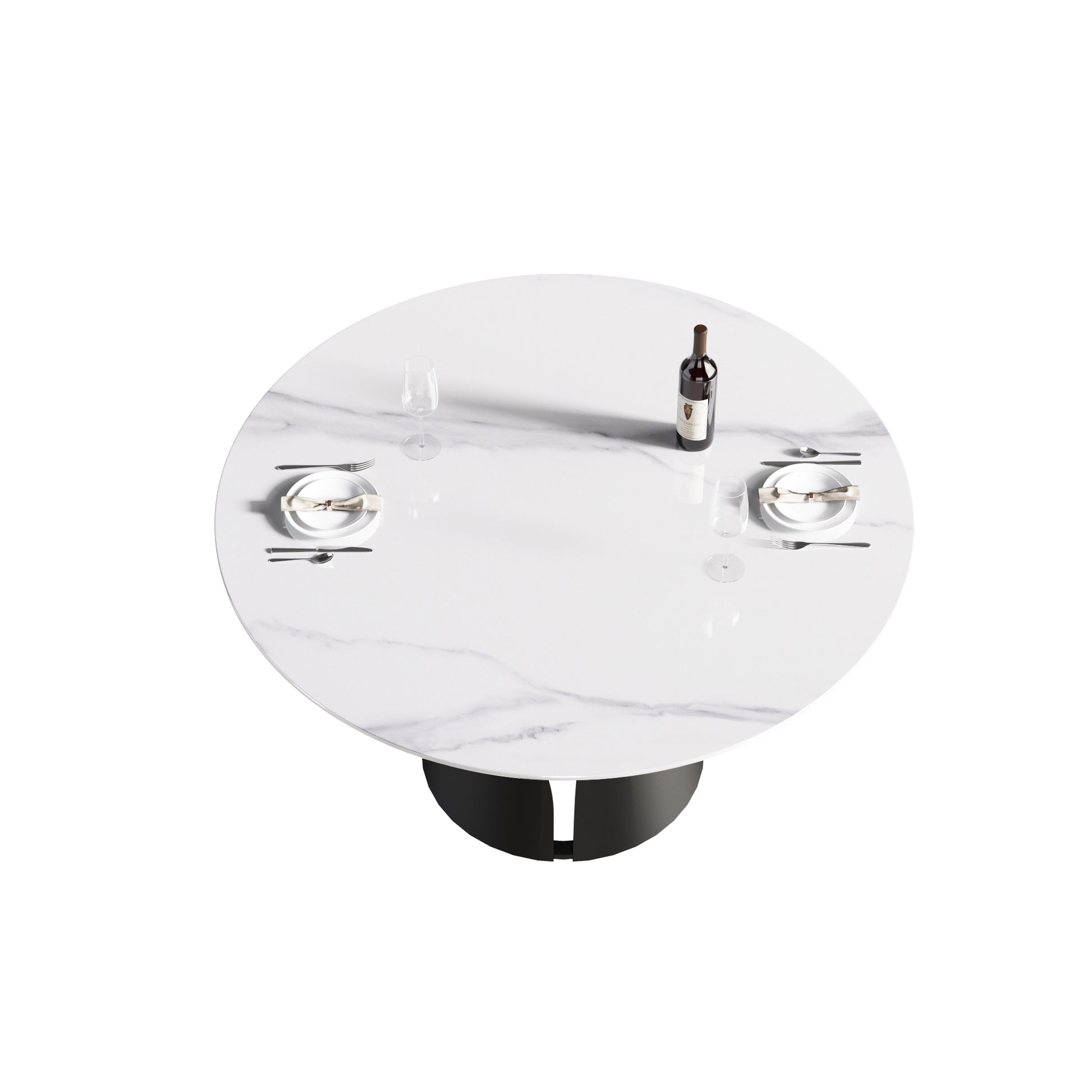 53.15"Modern Artificial Stone Round Black Carbon Steel Base Dining Table Can Accommodate 6 People White Metal Sintered Stone