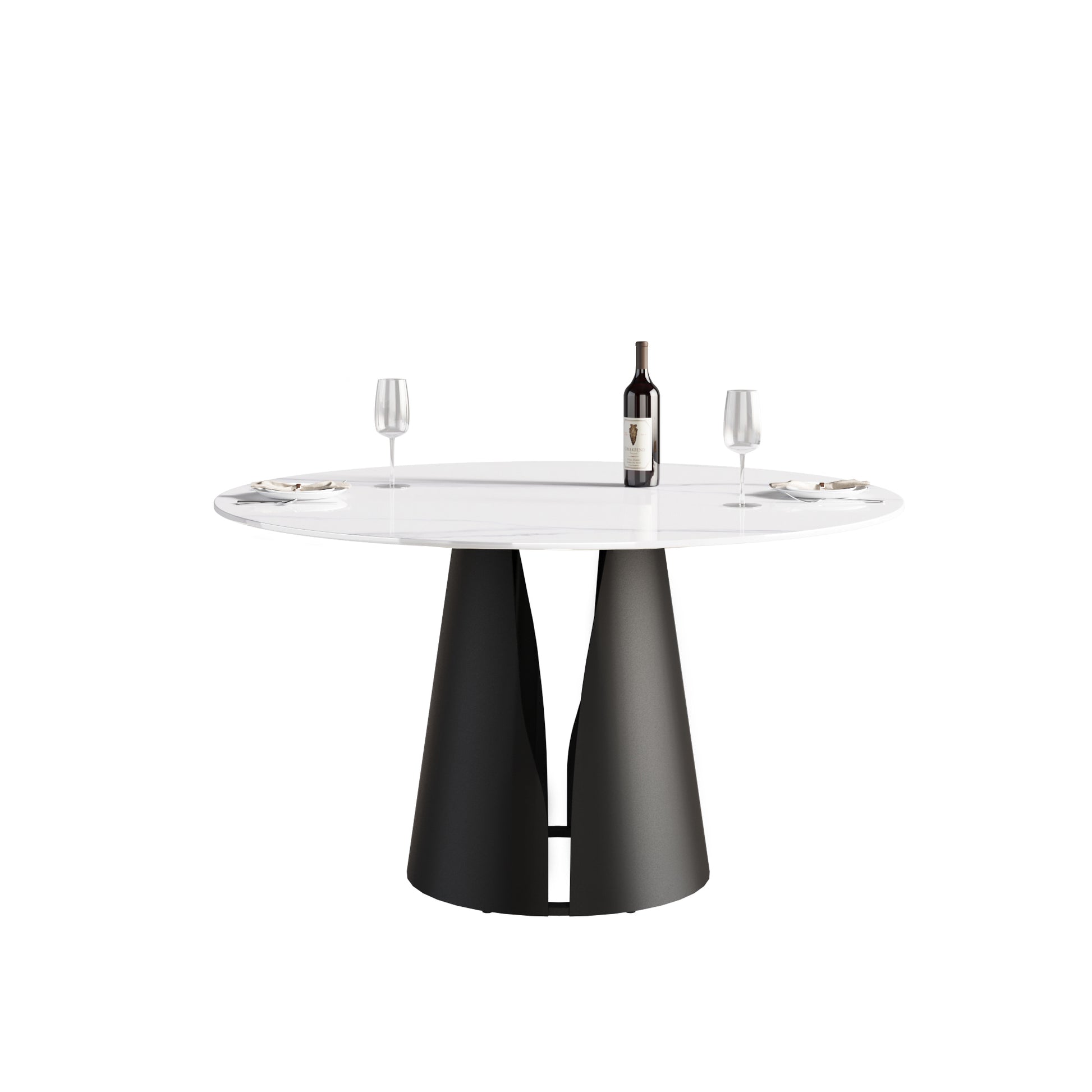 53.15"Modern Artificial Stone Round Black Carbon Steel Base Dining Table Can Accommodate 6 People White Metal Sintered Stone