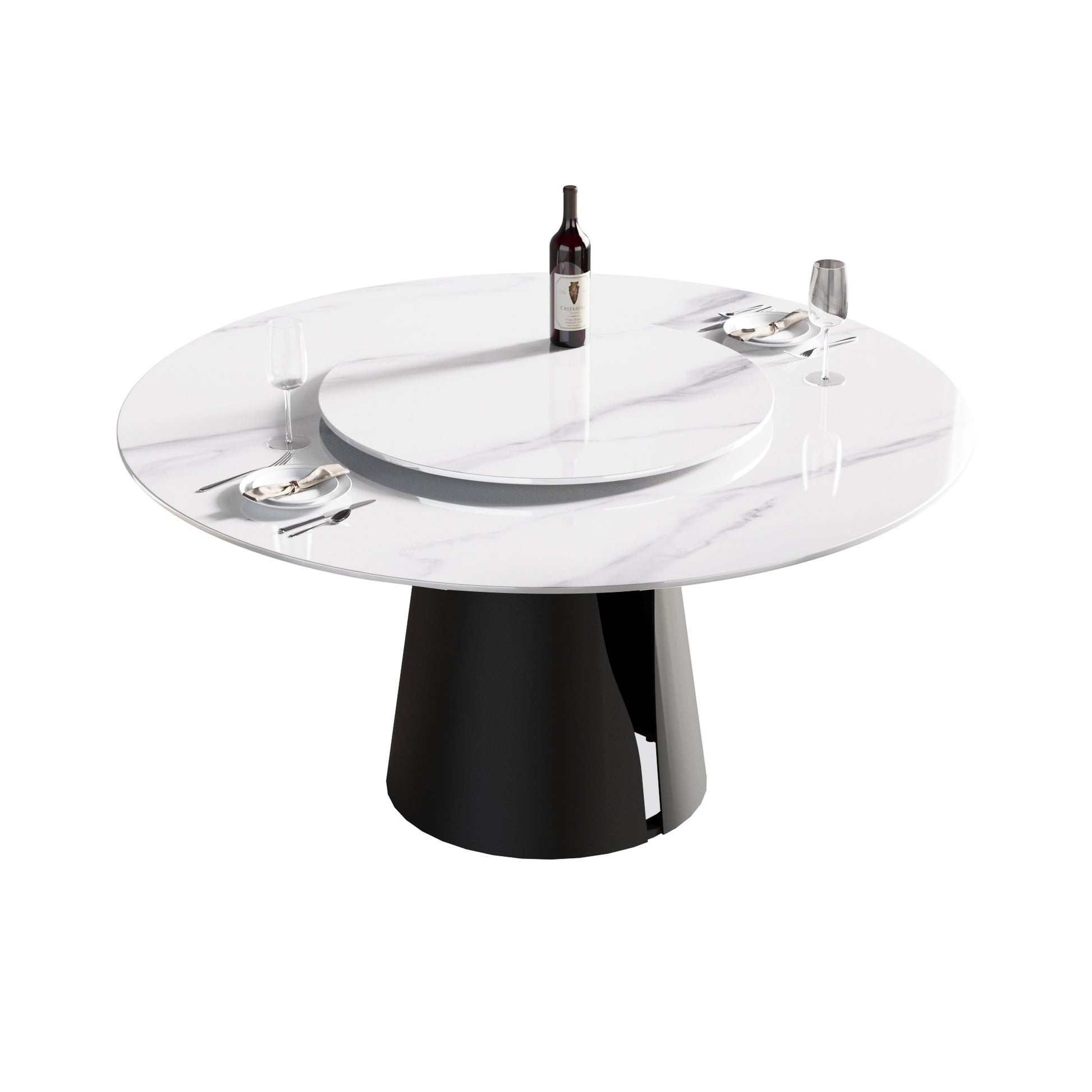 59.05"Modern Artificial Stone Round Black Carbon Steel Base Dining Table Can Accommodate 6 People 31.5"White Artificial Stone Turntable White Metal Marble