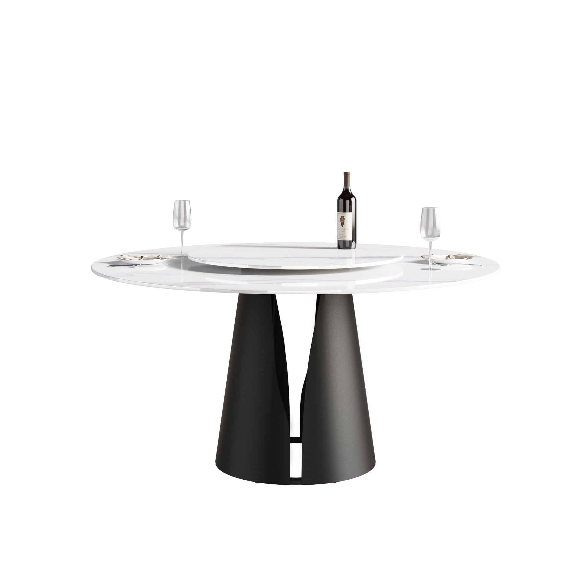 59.05"Modern Artificial Stone Round Black Carbon Steel Base Dining Table Can Accommodate 6 People 31.5"White Artificial Stone Turntable White Metal Marble