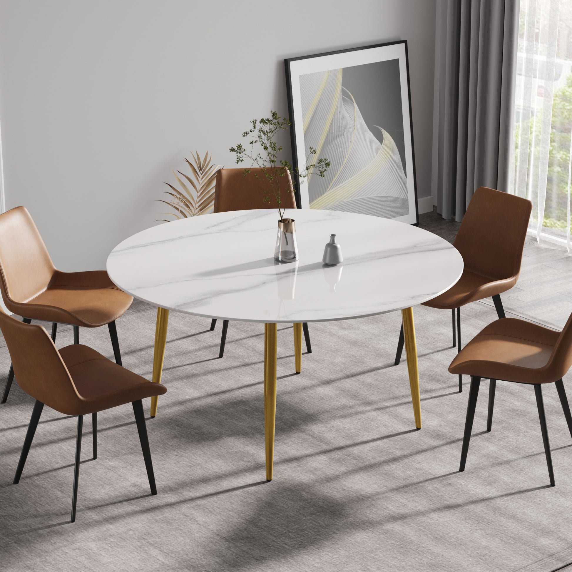 59.05"Modern Man Made Stone Round Golden Metal Dining Table Position For 6 People White Metal Marble