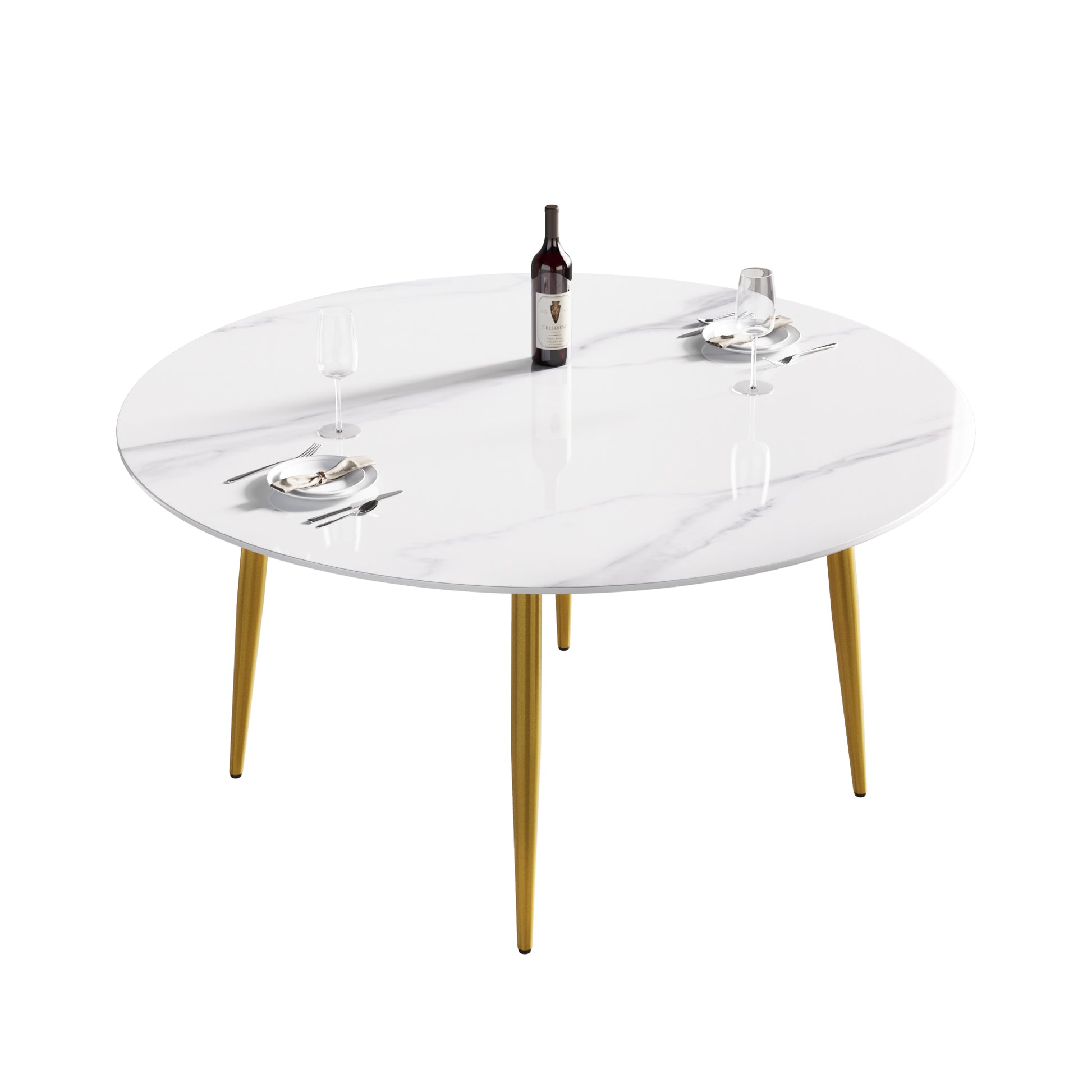 59.05"Modern Man Made Stone Round Golden Metal Dining Table Position For 6 People White Metal Marble