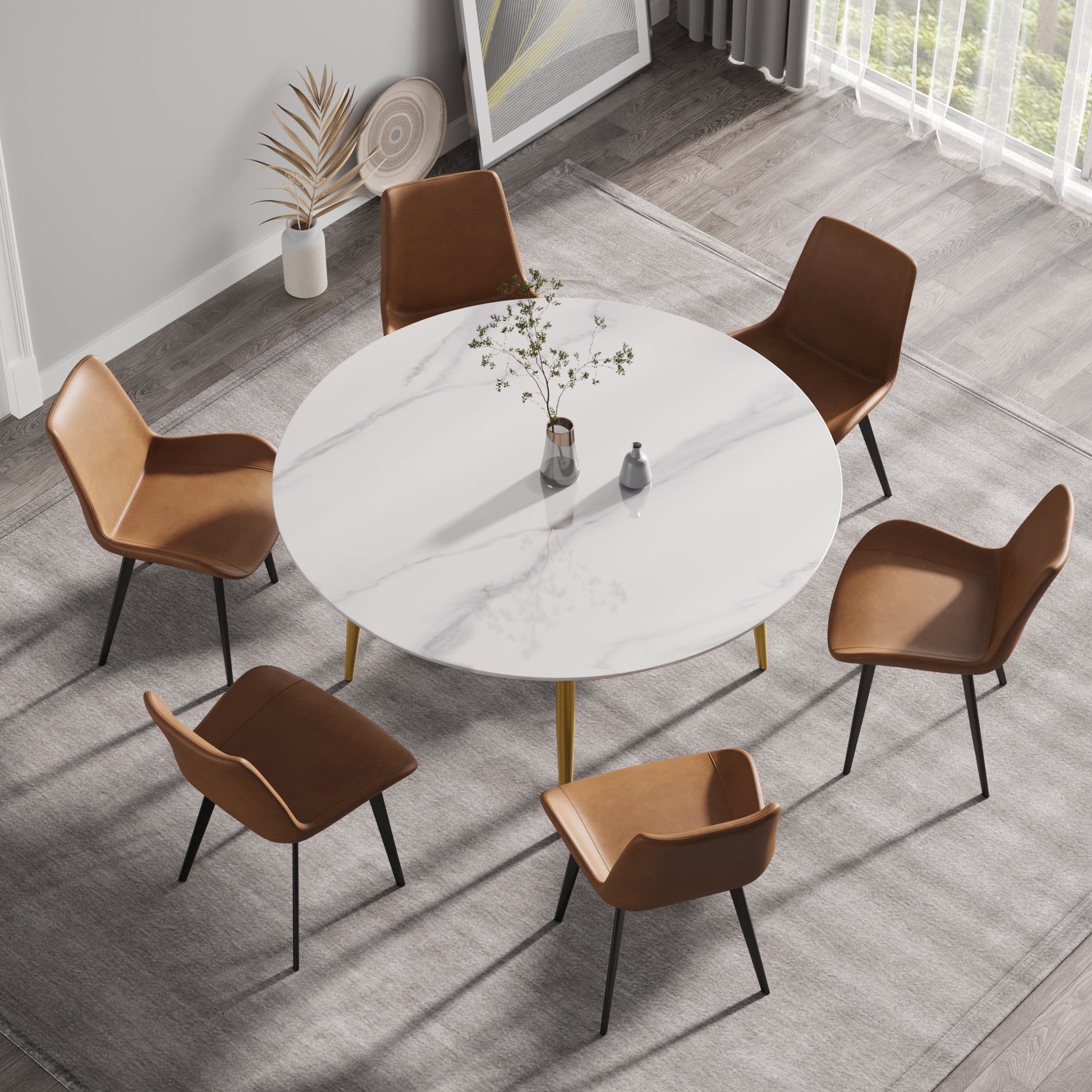 59.05"Modern Man Made Stone Round Golden Metal Dining Table Position For 6 People White Metal Marble