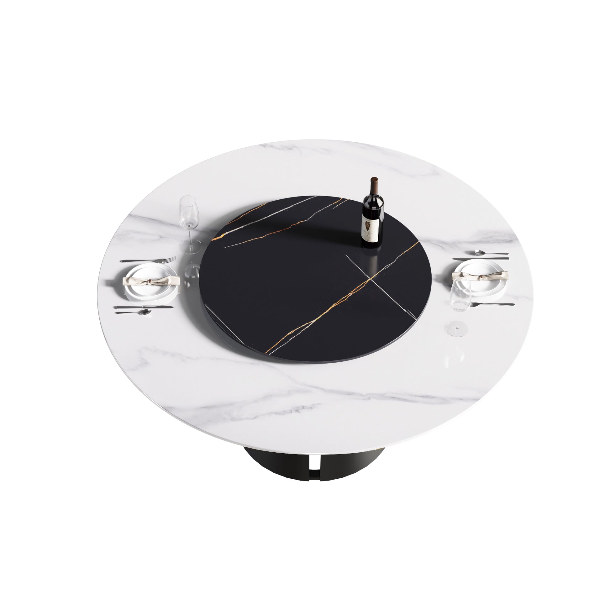 59.05"Modern Artificial Stone Round Black Carbon Steel Base Dining Table Can Accommodate 6 People 31.5"Black Artificial Stone Turntable White Black Metal Marble