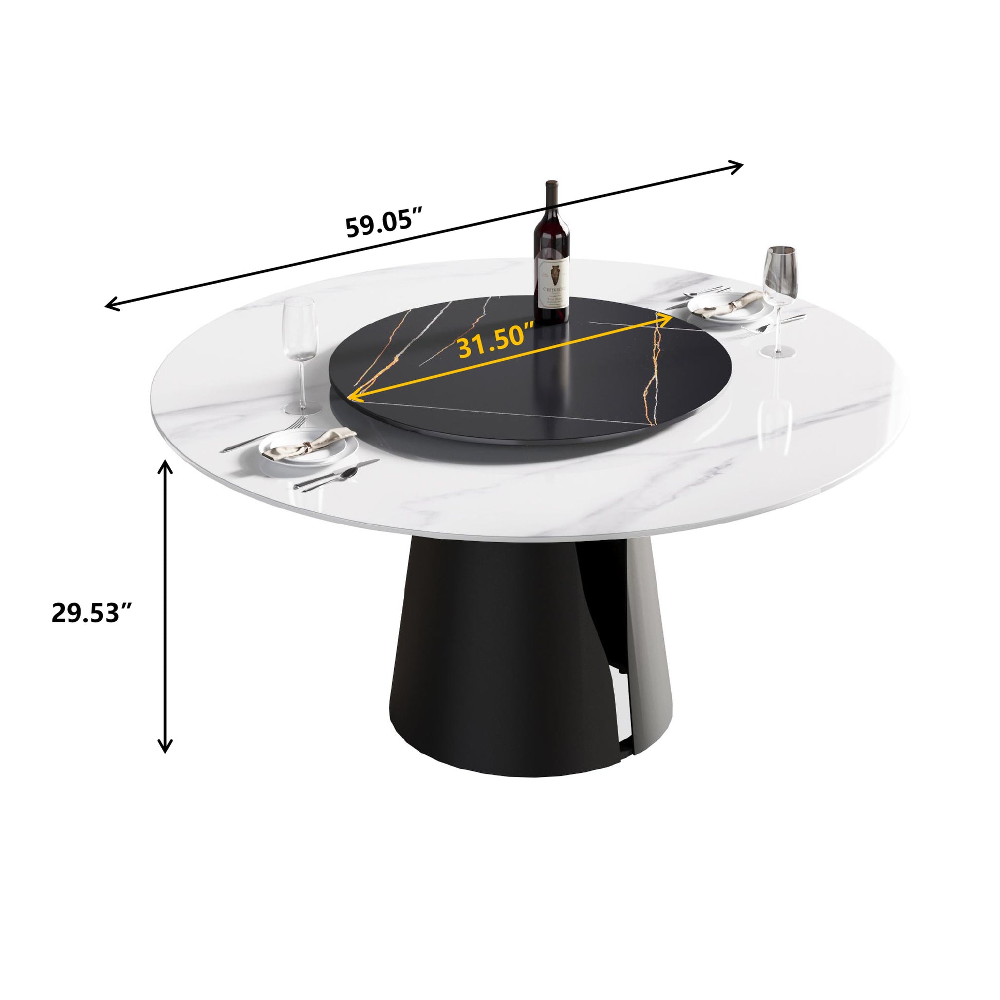 59.05"Modern Artificial Stone Round Black Carbon Steel Base Dining Table Can Accommodate 6 People 31.5"Black Artificial Stone Turntable White Black Metal Marble