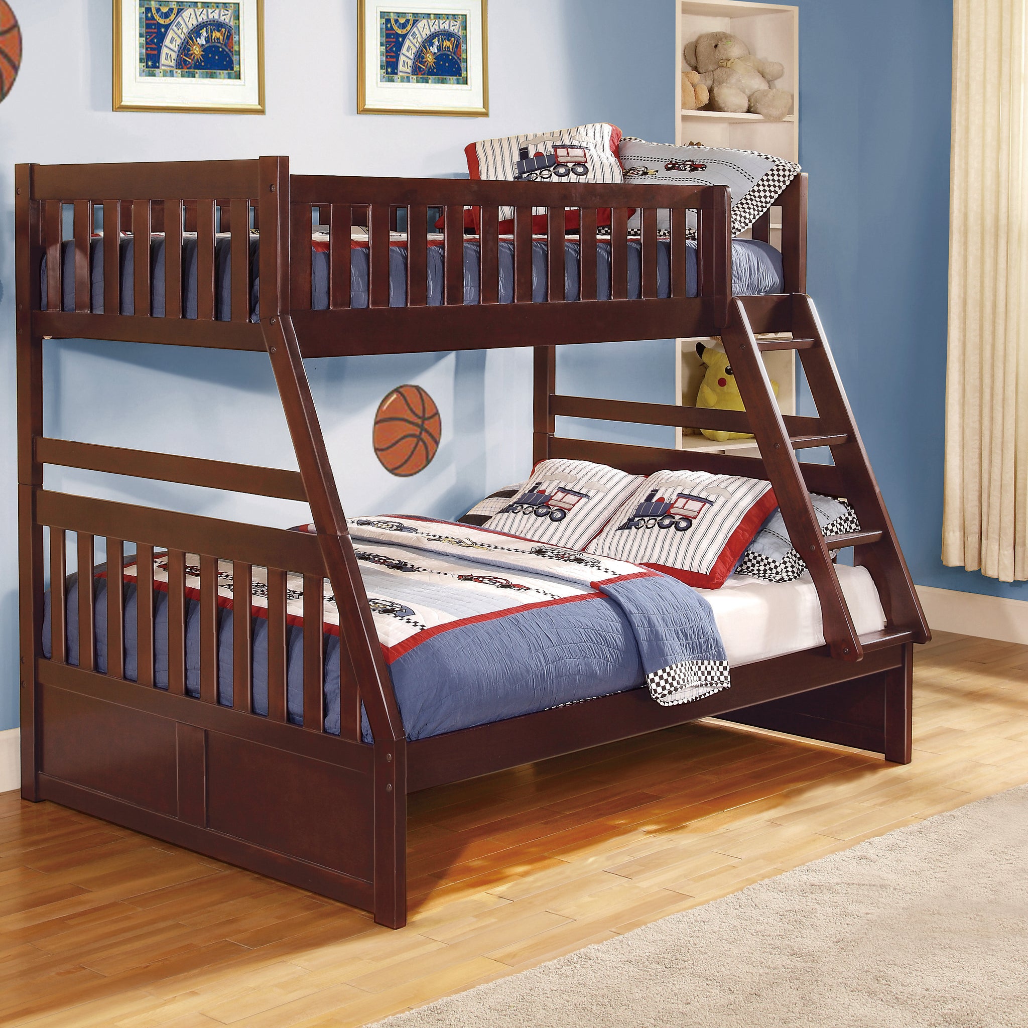 Transitional Dark Cherry Finish Youth Bedroom Furniture 1Pc Twin Full Bunk Bed Pine Veneer Wooden Furniture Cherry Wood Bedroom Traditional Bunk Wood